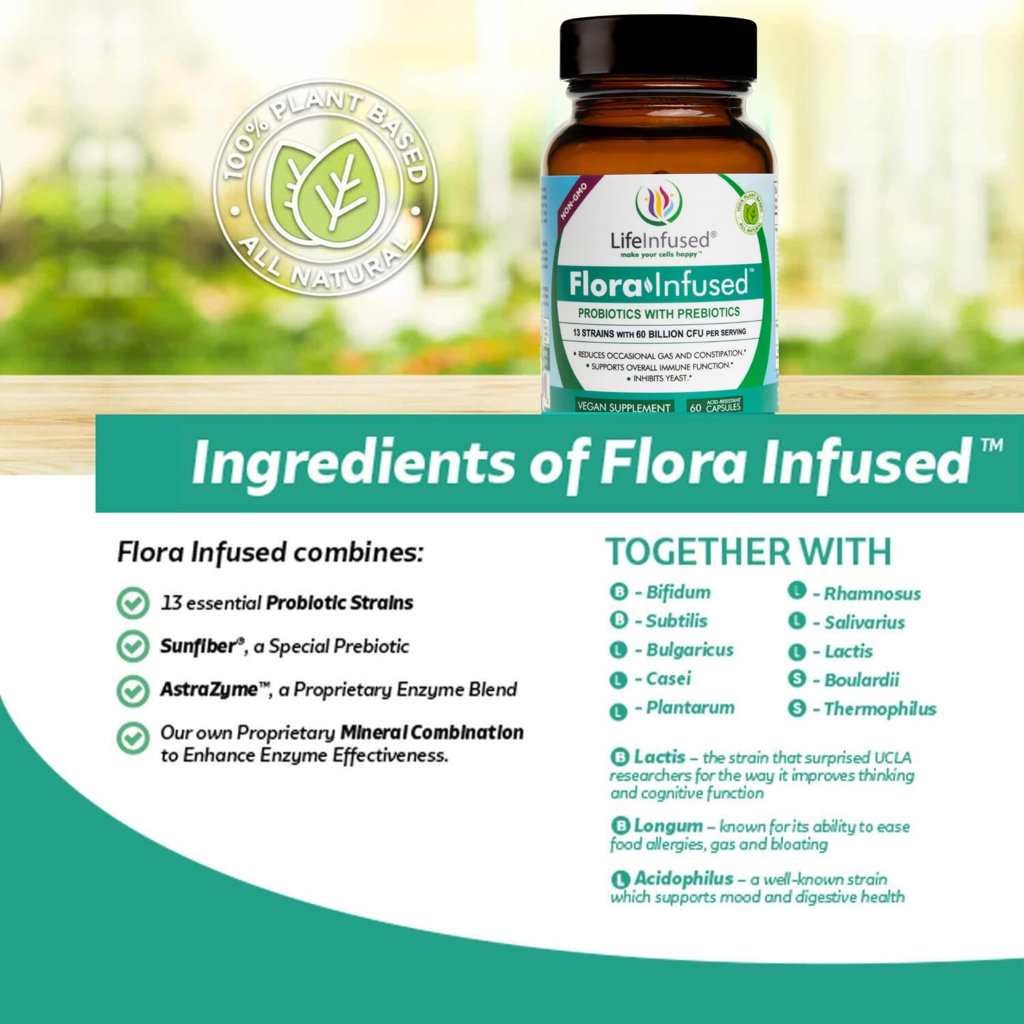 Life Infused 50 Billion CFU capsules closeup shows potent probiotic blend for gut health.