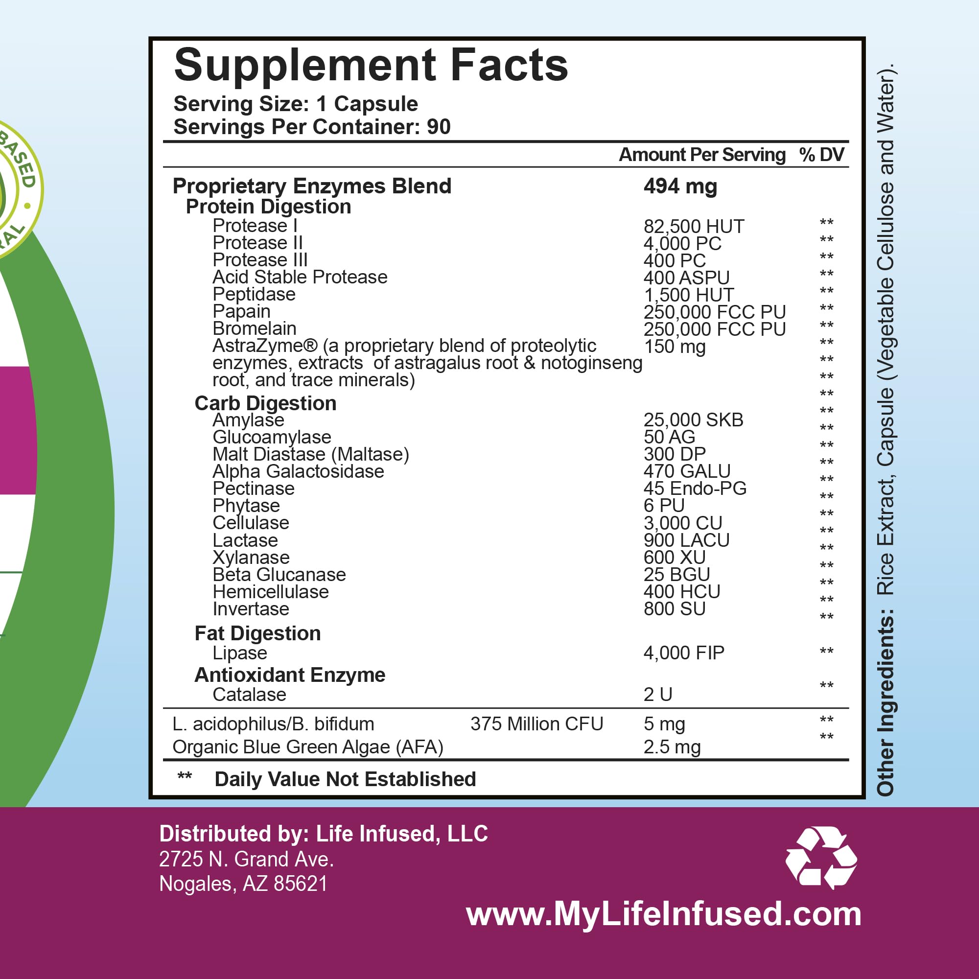 Life Infused Digestive Enzymes 90 servings badge on label