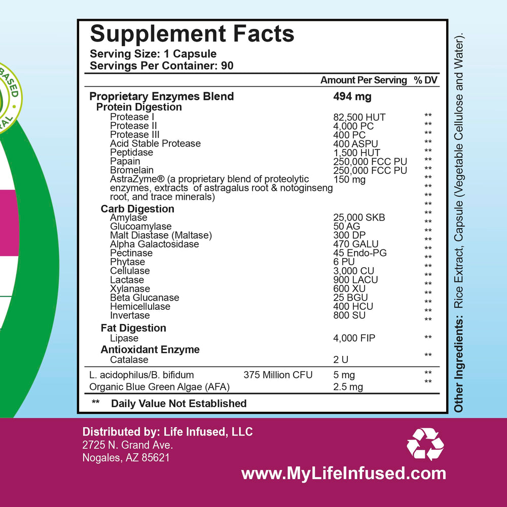 Life Infused Digestive Enzymes 90 servings badge on label