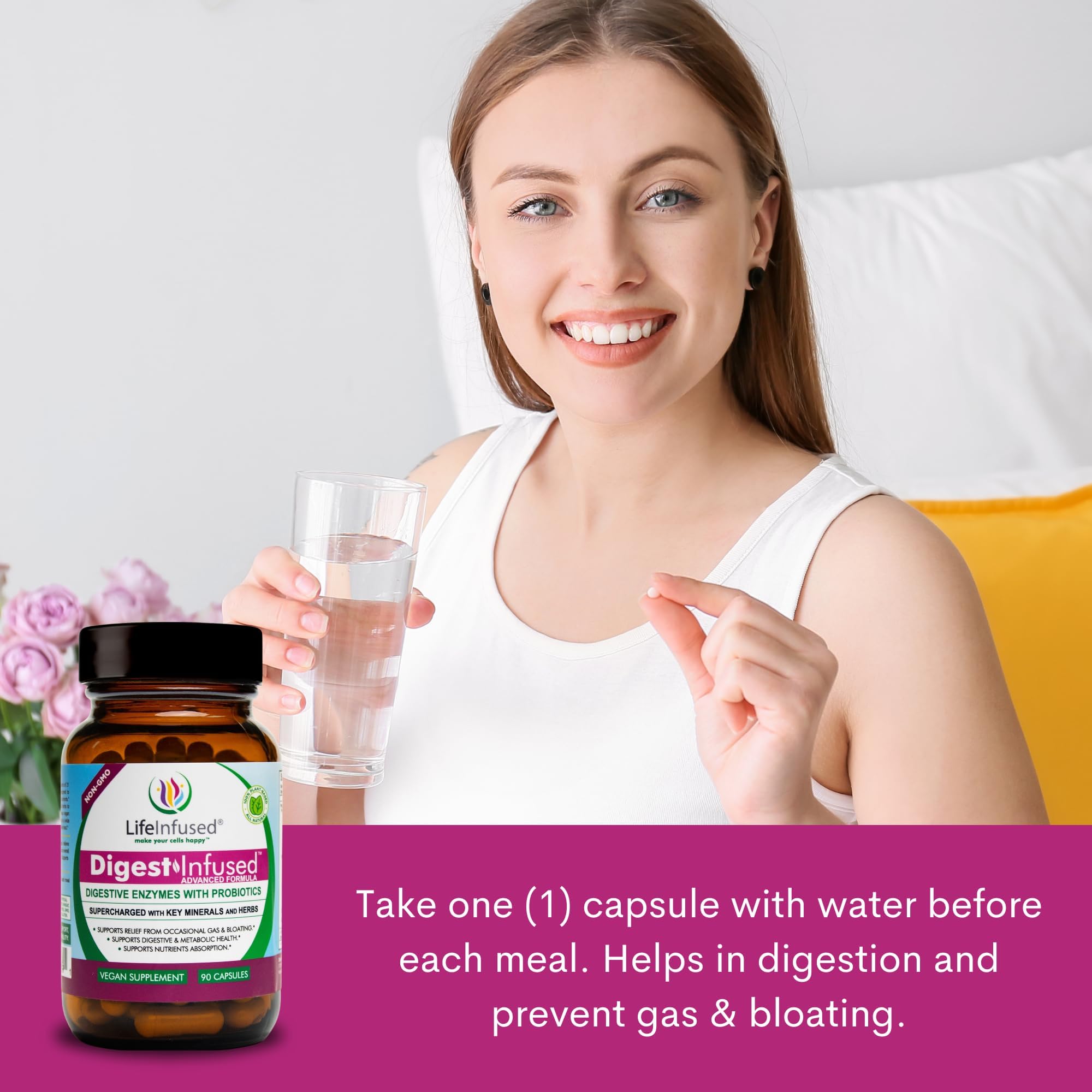 Life Infused Digestive Enzymes beside a dairy-free meal for smoother digestion