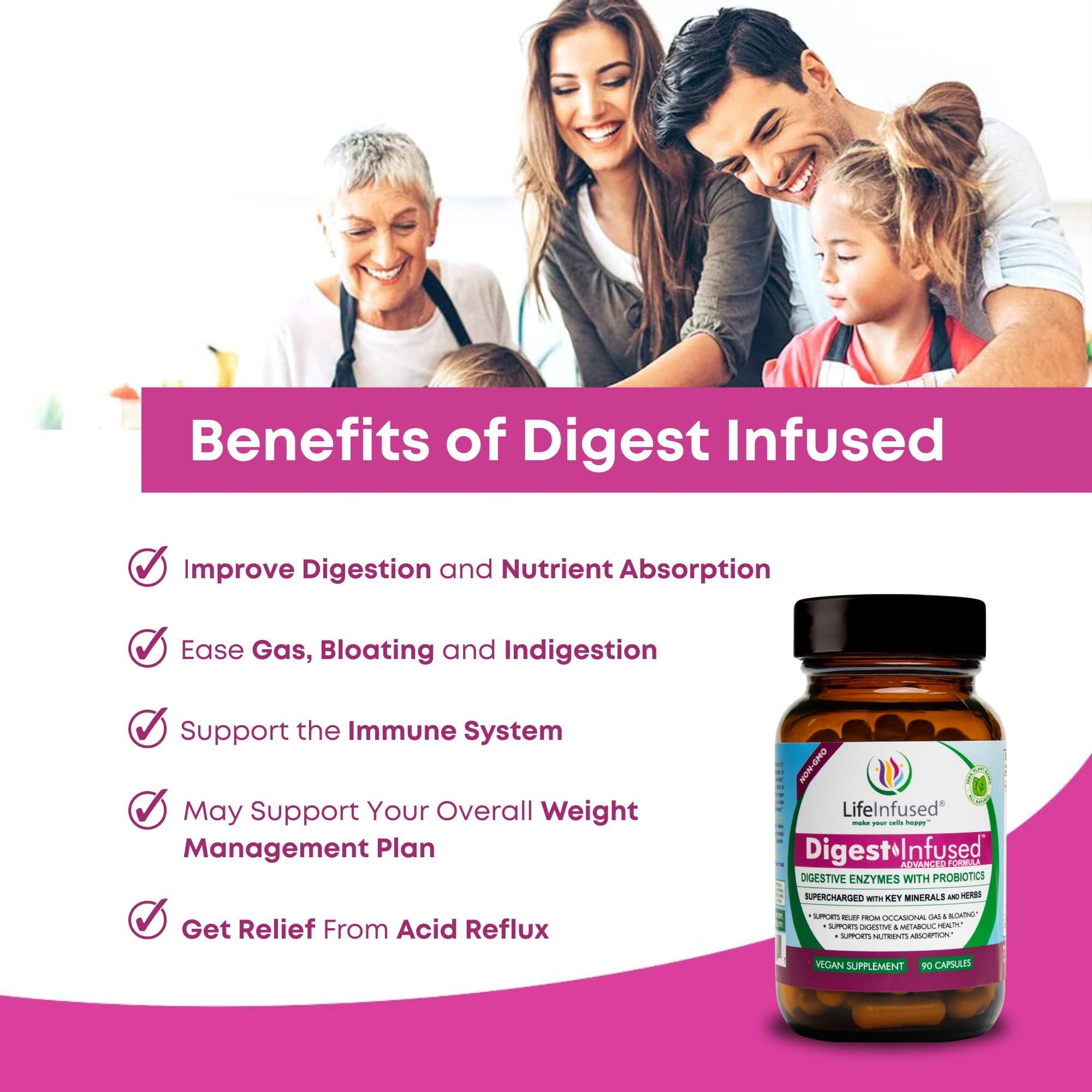 Life Infused Digestive Enzymes packaging front, convenient daily support for meals