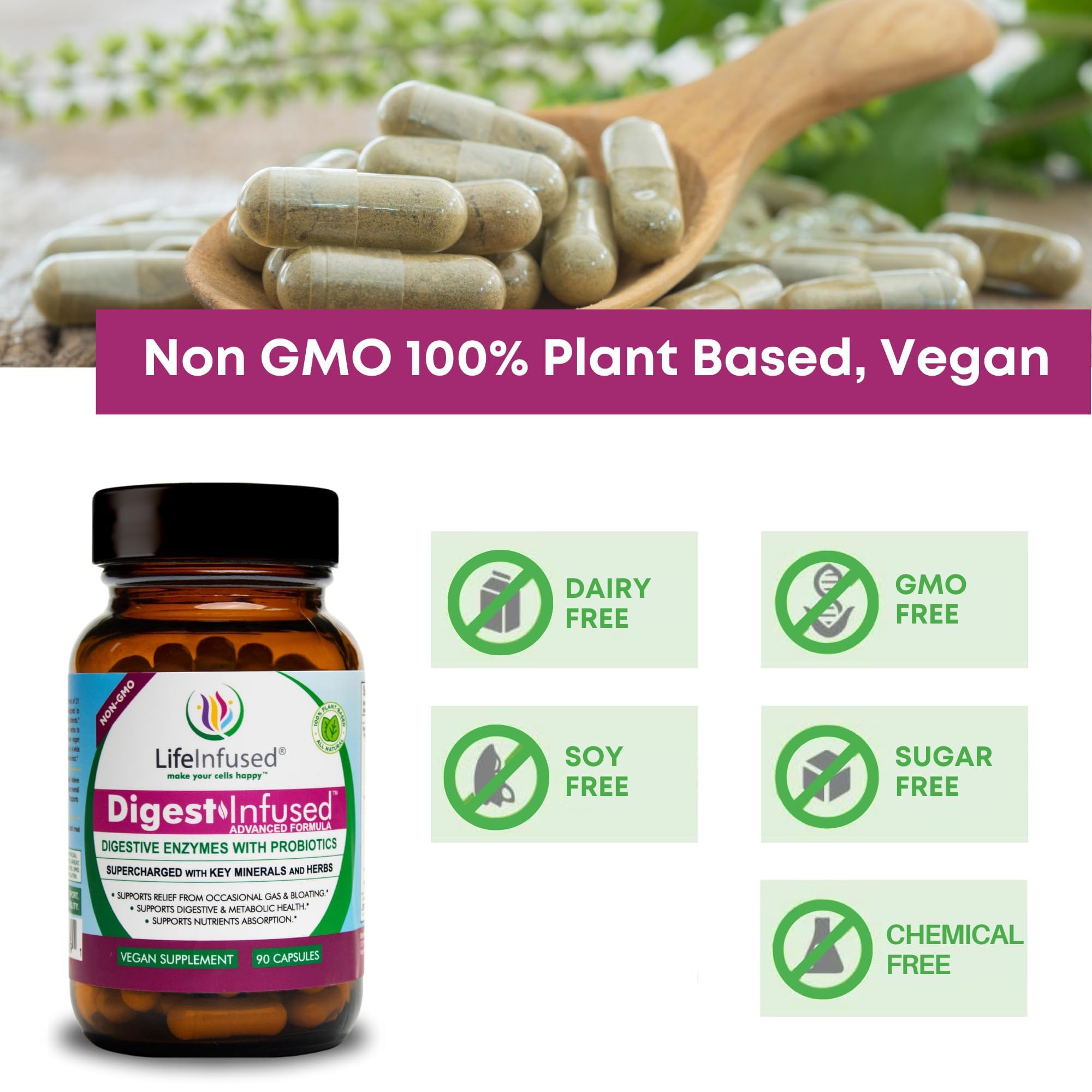 Life Infused Digestive Enzymes with probiotics and minerals, supporting gut health