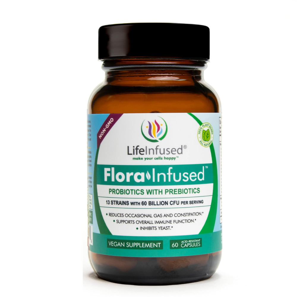 Life Infused Flora Probiotics bottle label promotes digestive balance and daily wellness.