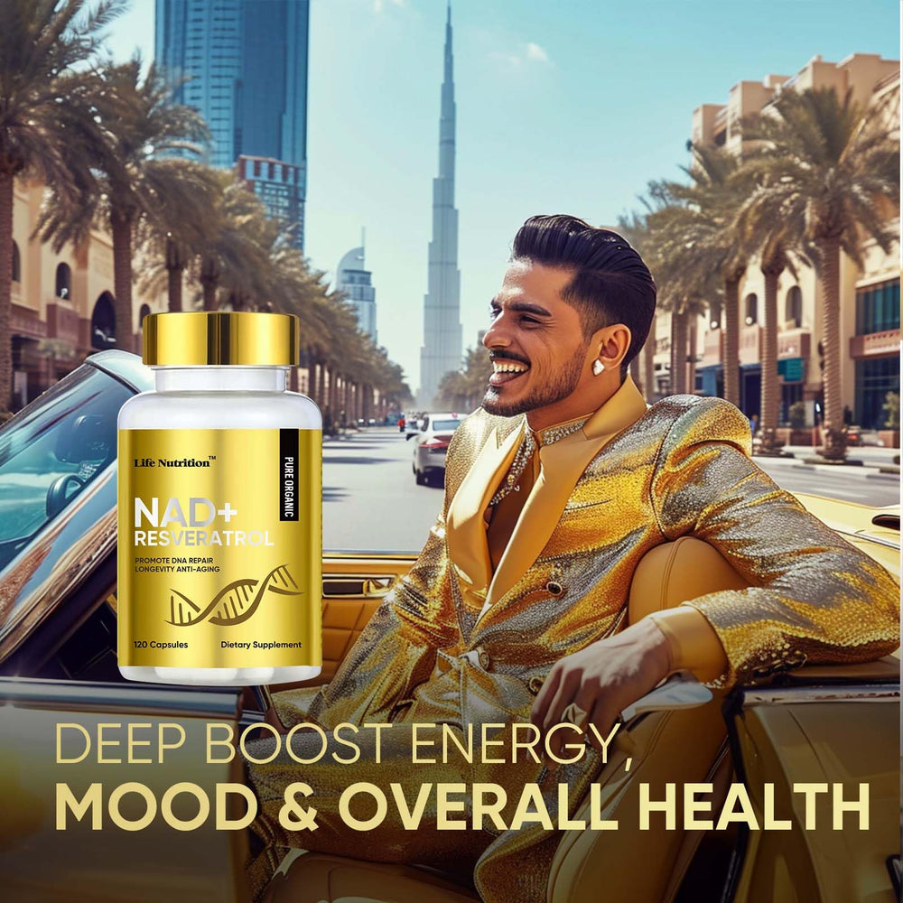 Life Nutrition NAD+ bottle with cap highlights convenient daily use.