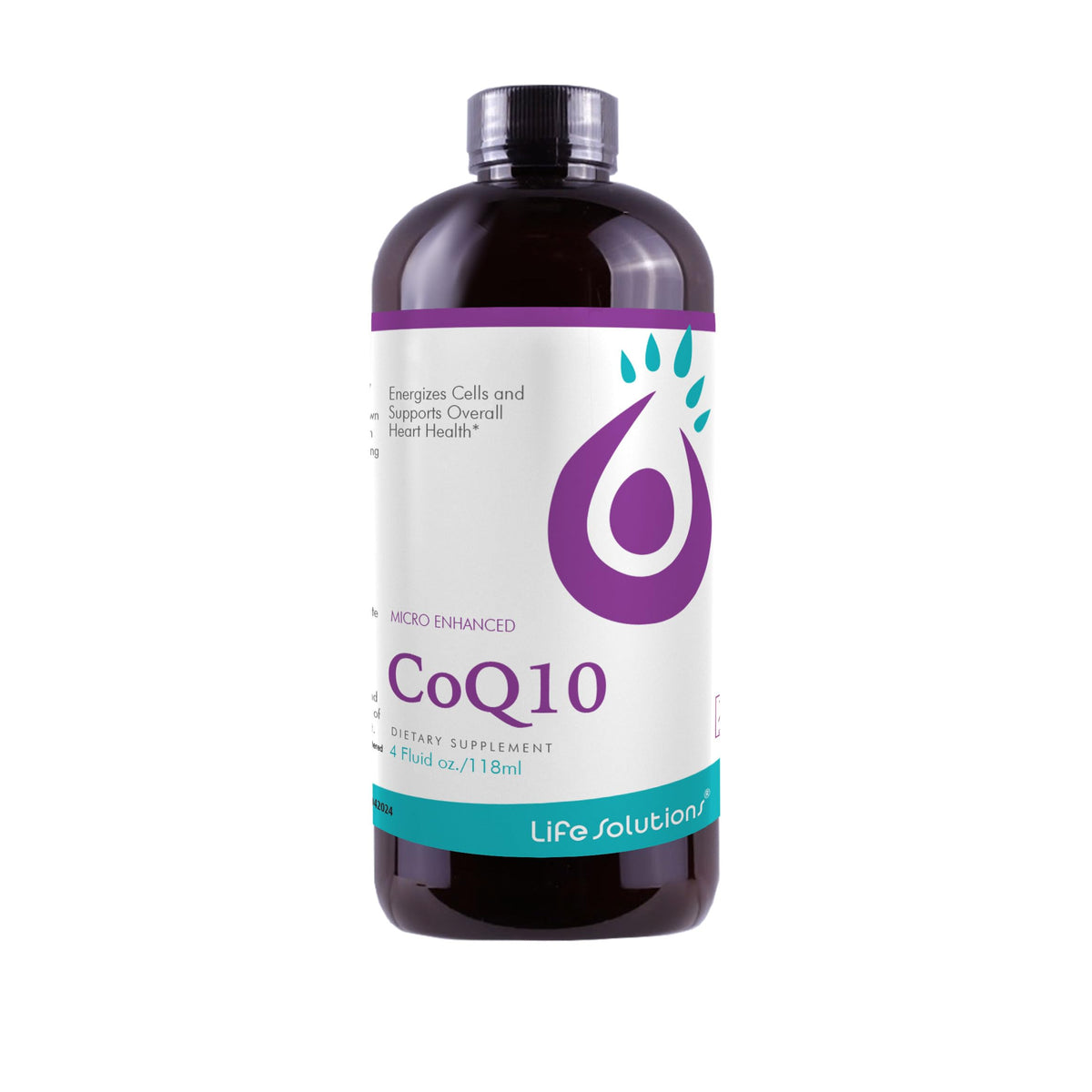 Life Solutions Liquid CoQ10 bottle close-up showing a dropper for easy daily dosing and energy support.