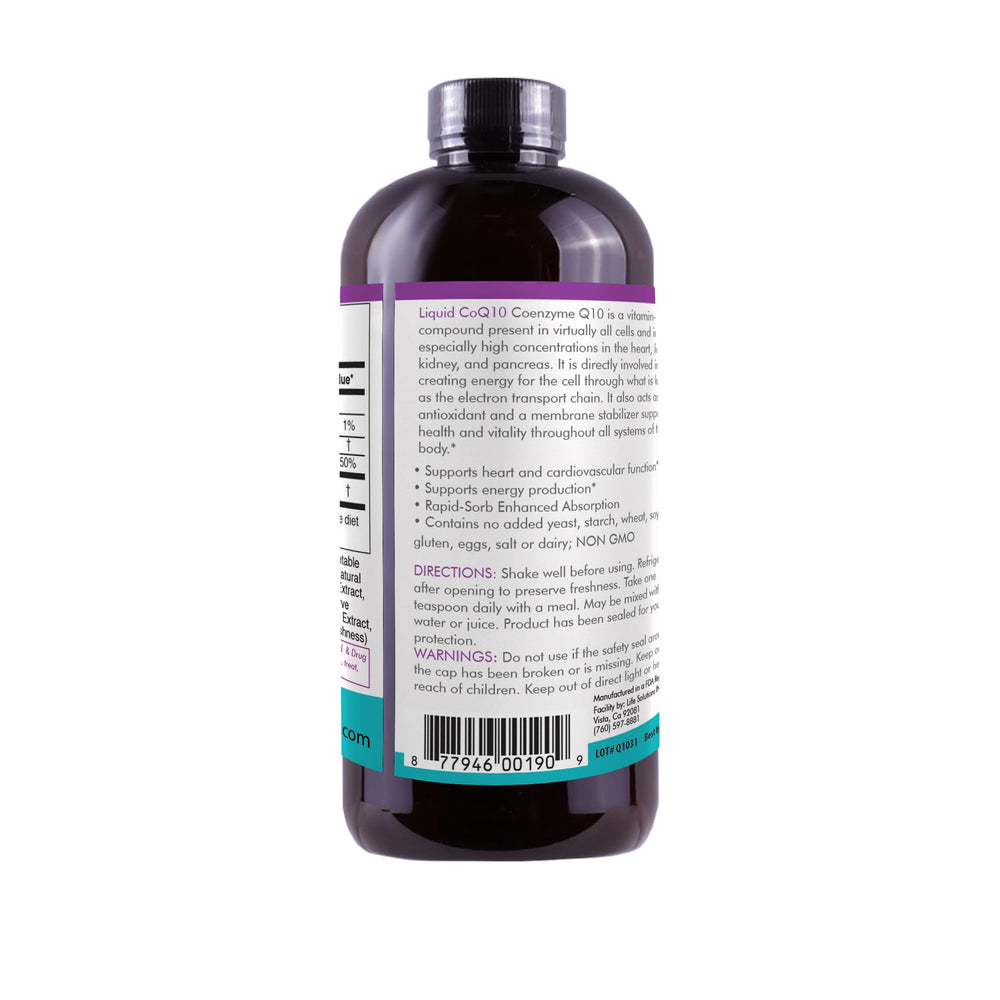 Life Solutions Liquid CoQ10 bottle in kitchen ready for routine.