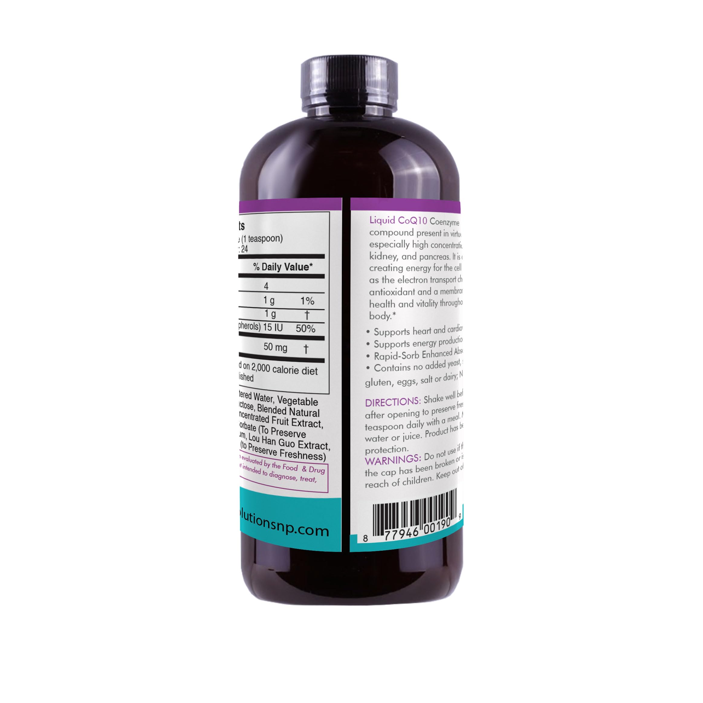 Life Solutions Liquid CoQ10 label highlights clean, GMO-free formula.