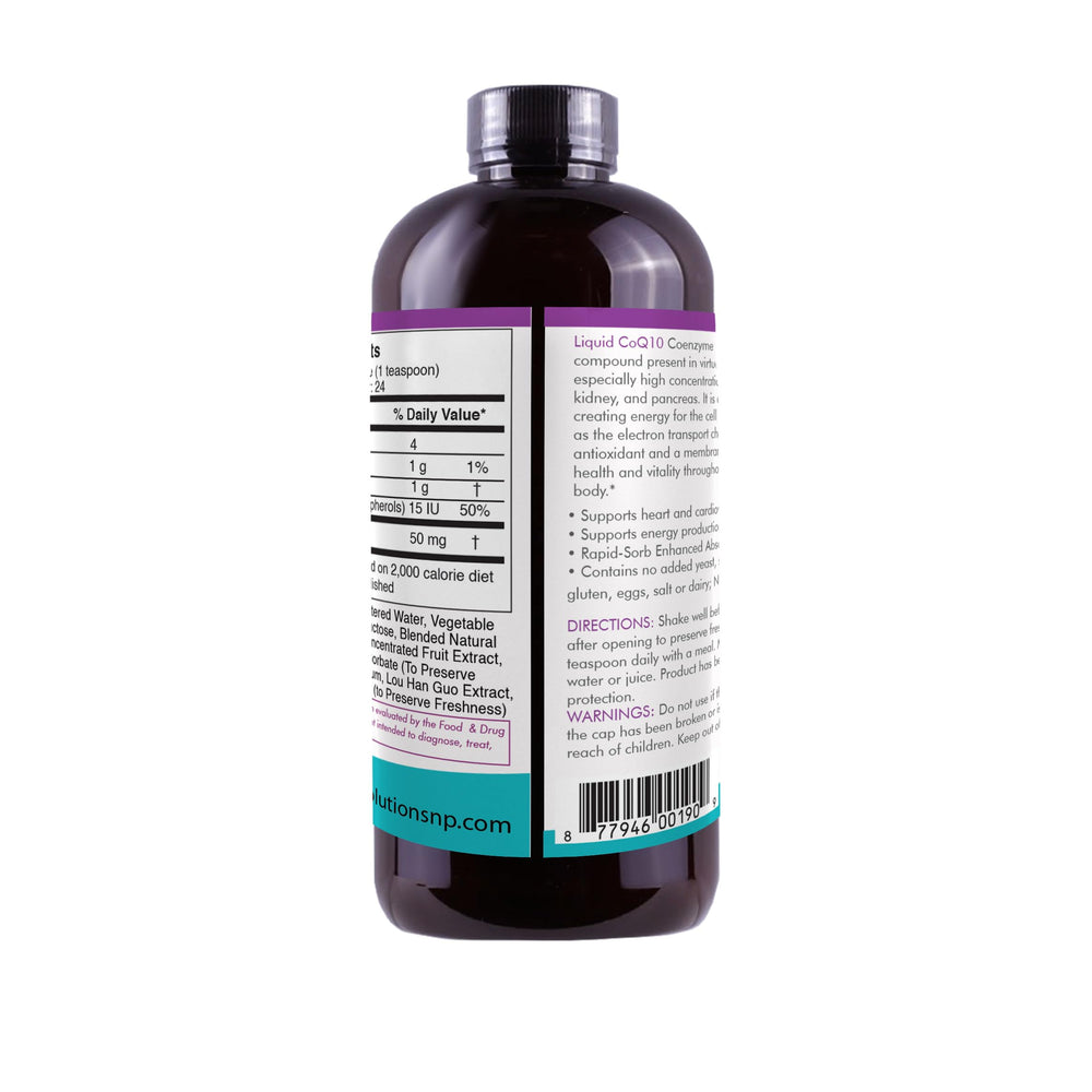 Life Solutions Liquid CoQ10 label highlights clean, GMO-free formula.