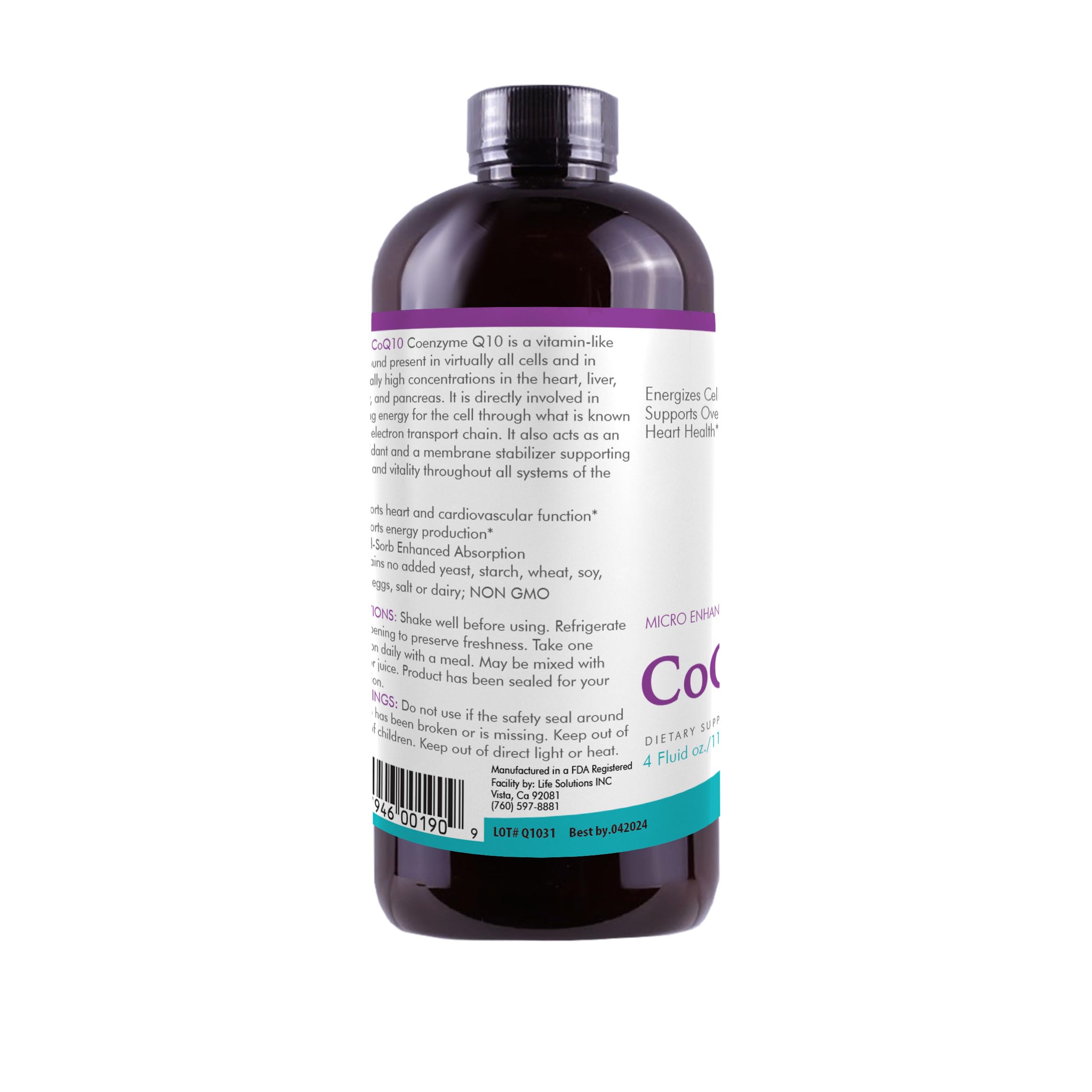 Life Solutions Liquid CoQ10 packaging notes made in USA.