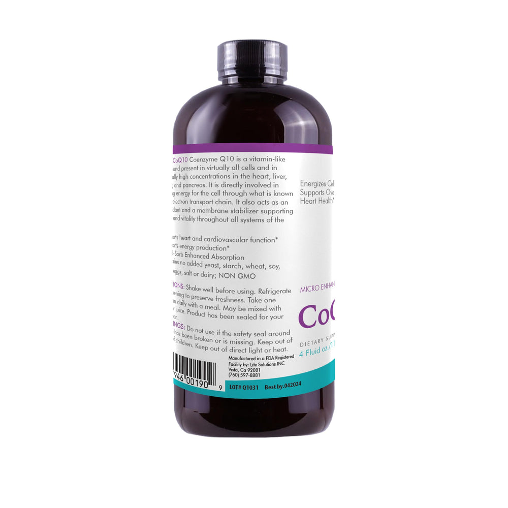 Life Solutions Liquid CoQ10 packaging notes made in USA.
