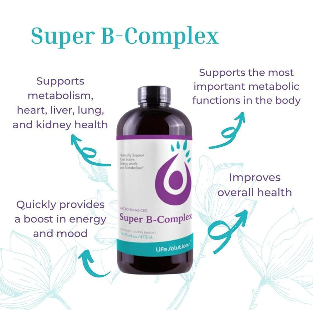 Liquid splash of Life Solutions Super B-Complex showing rich, easily absorbed formula