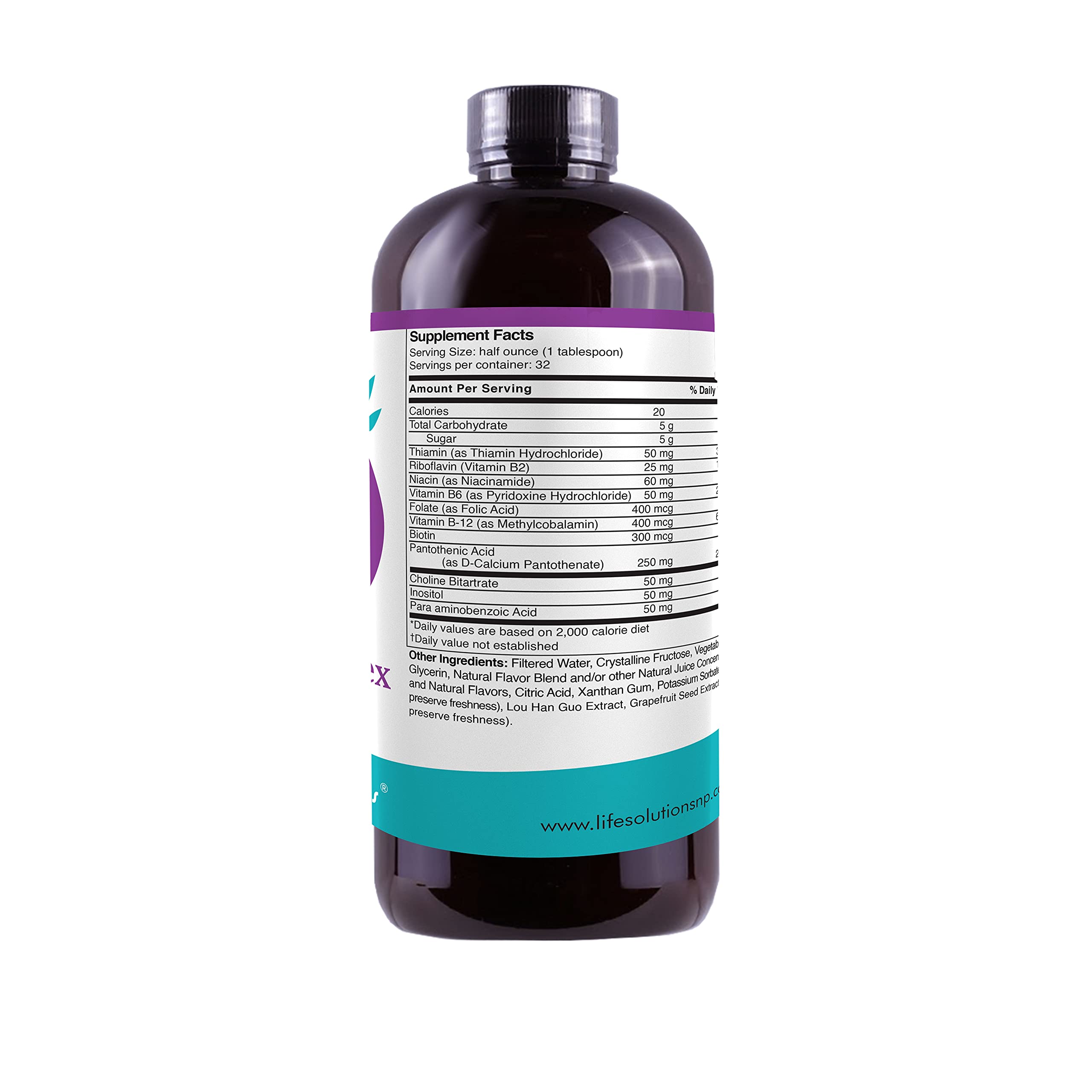 Pouring Life Solutions Liquid Super B-Complex into a glass for natural energy