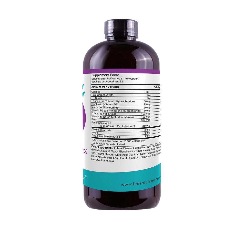 Pouring Life Solutions Liquid Super B-Complex into a glass for natural energy