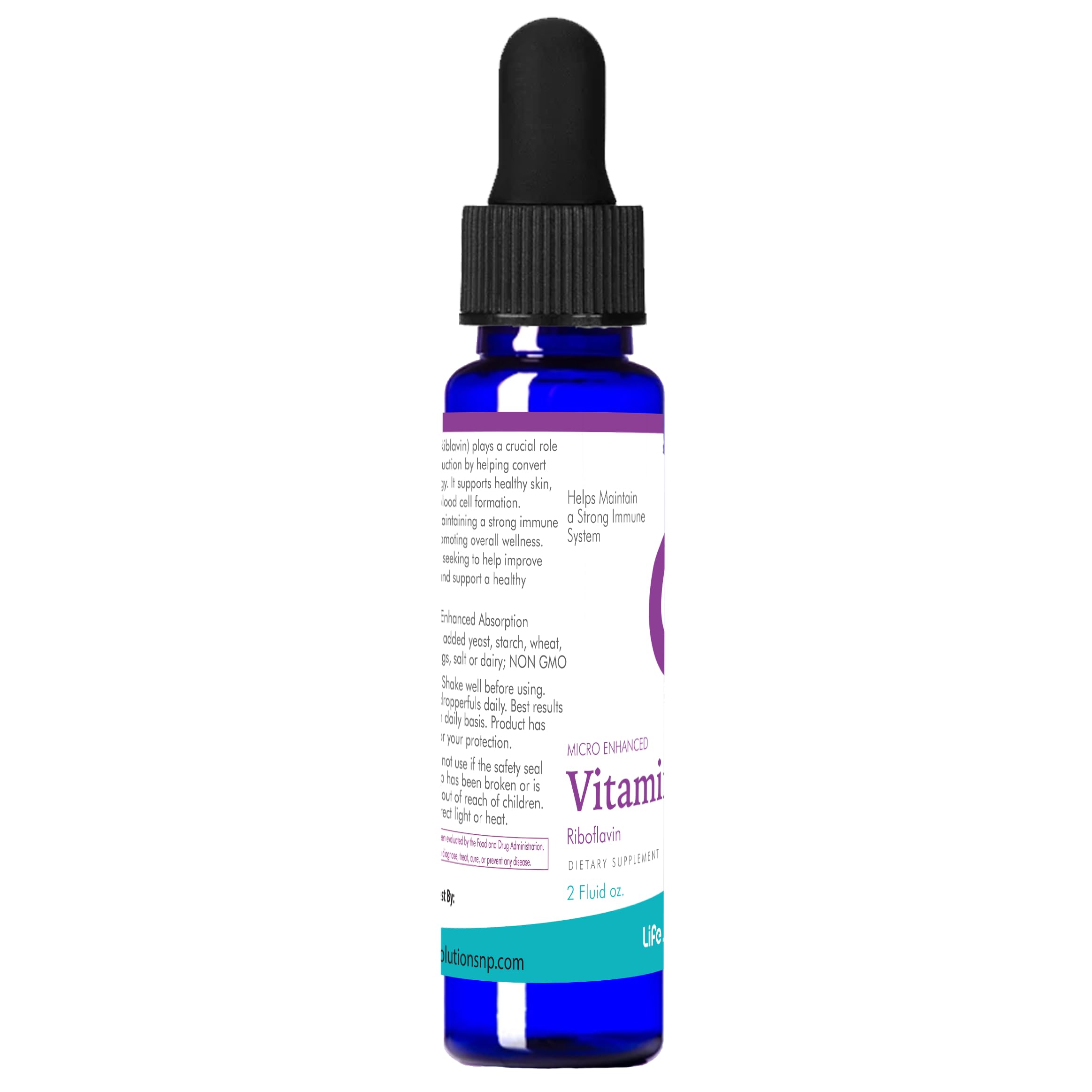 Life Solutions Vitamin B2 bottle with glow effects suggesting healthy skin support