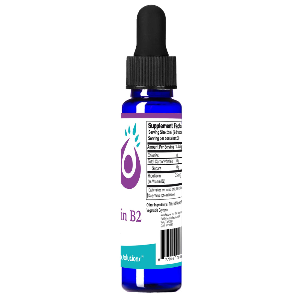 Life Solutions Vitamin B2 bottle side angle showing supplement details for metabolism