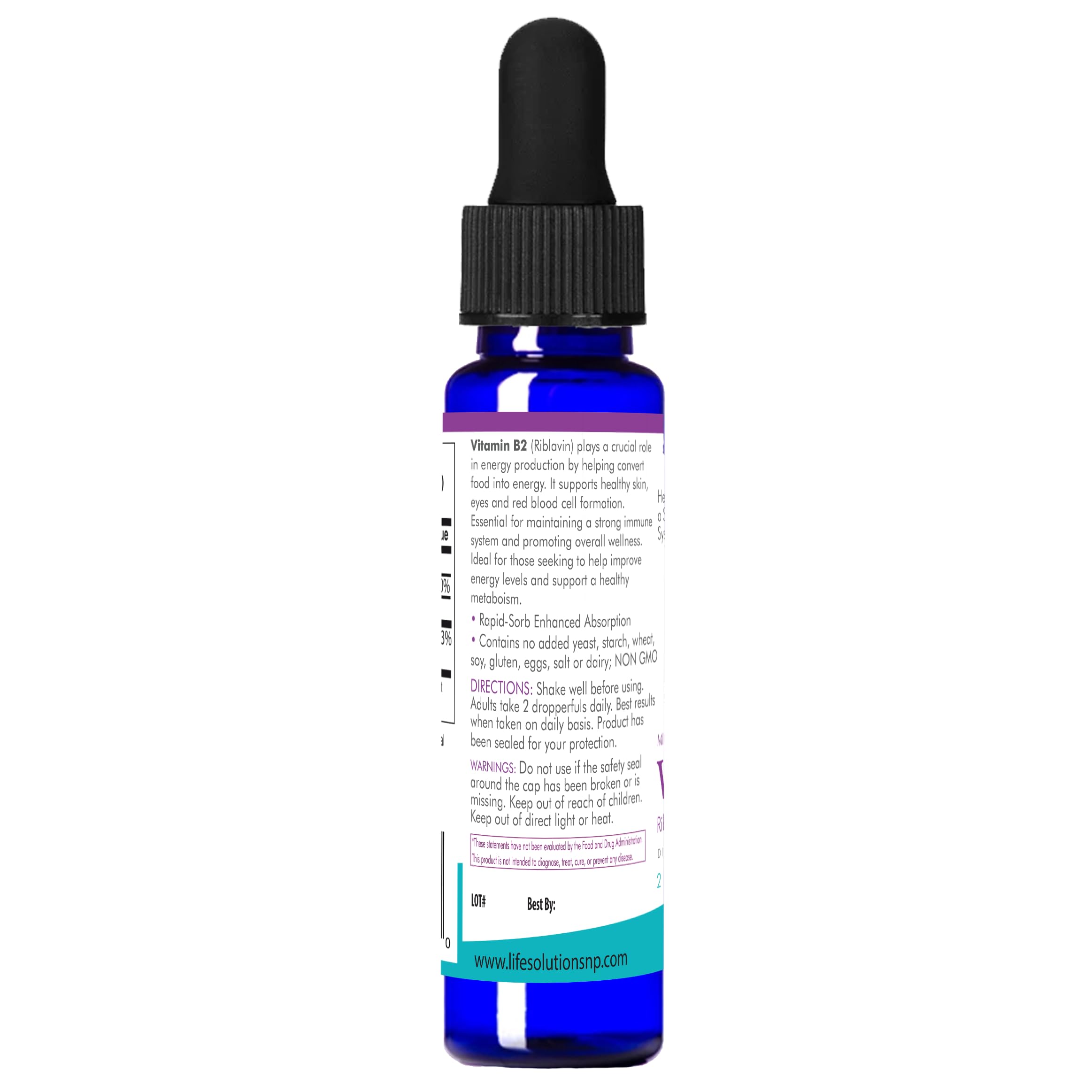 Life Solutions Vitamin B2 dosage capsules showing serving size for energy metabolism