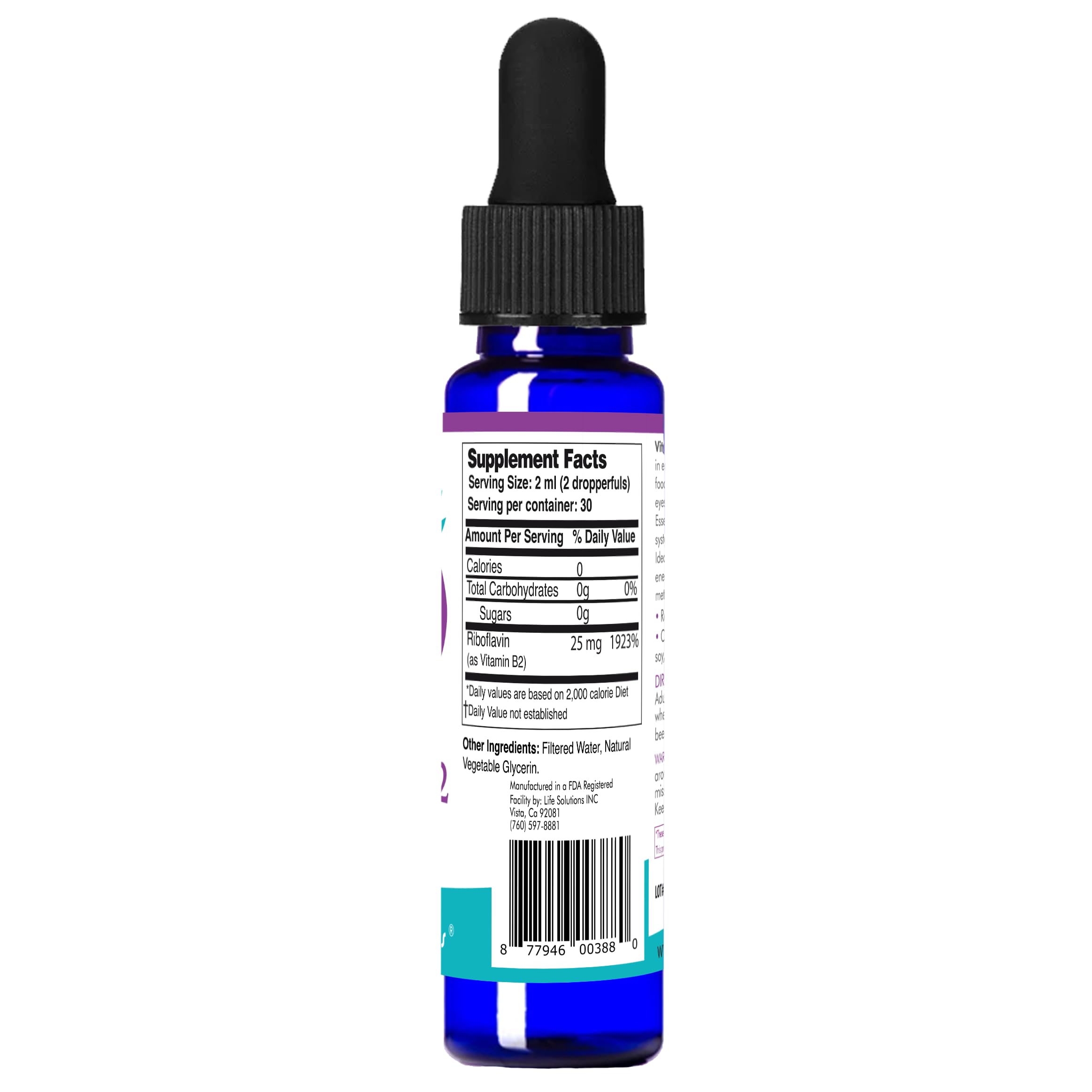 Life Solutions Vitamin B2 packaging emphasizing riboflavin benefits and dosage info