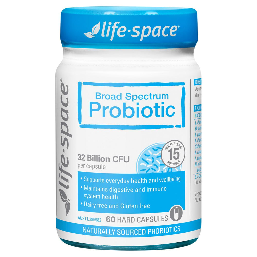 Life-Space Broad Spectrum Probiotic capsules in a bottle promote digestive balance.