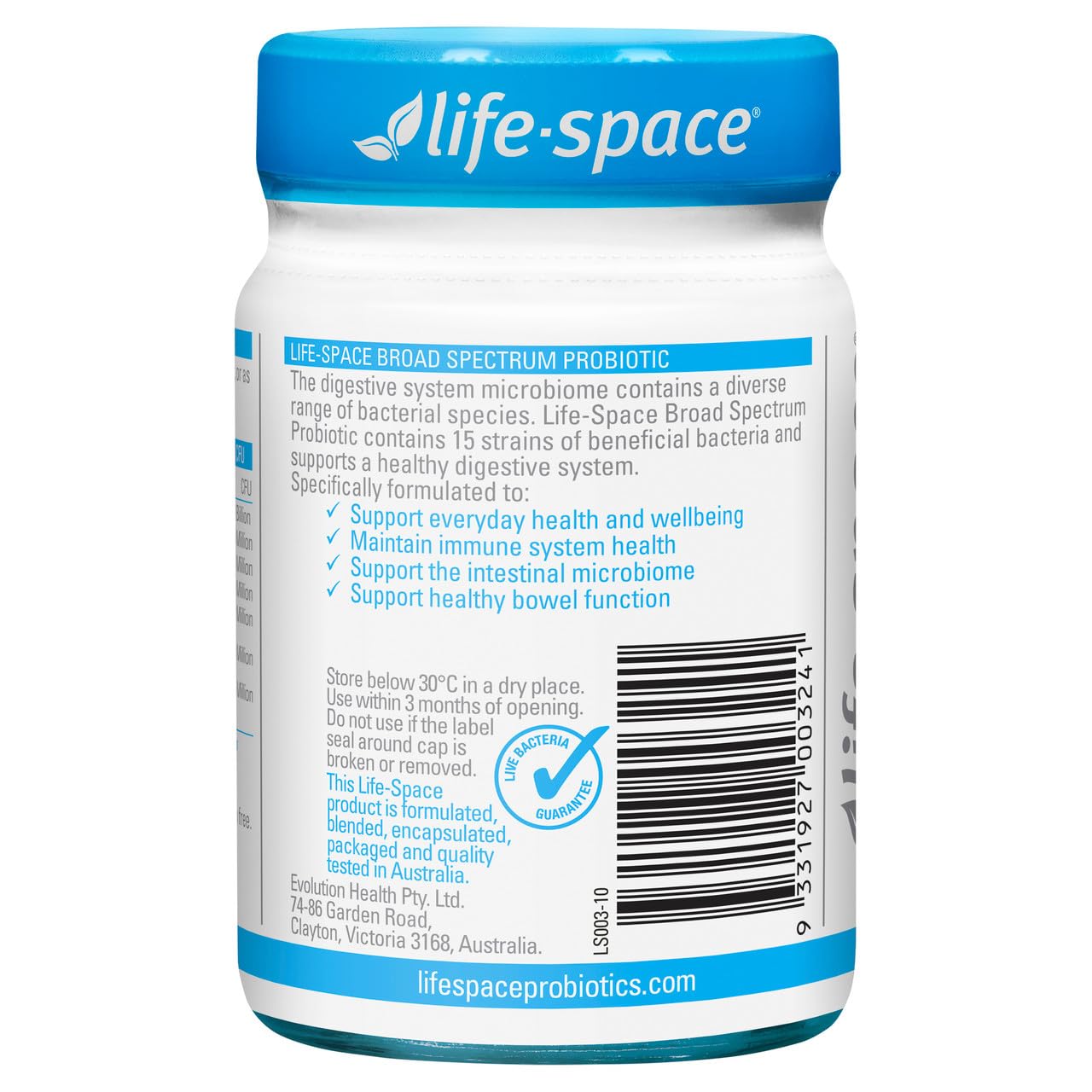 Life-Space probiotic label highlights 32 billion CFU per capsule.