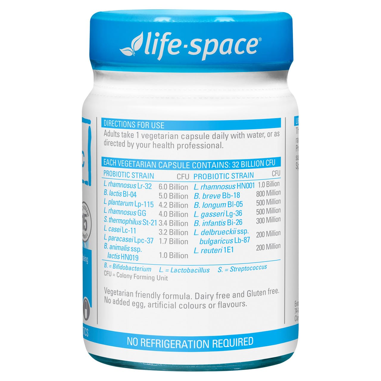 Life-Space broad spectrum capsules showcased on shelves, no refrigeration needed.