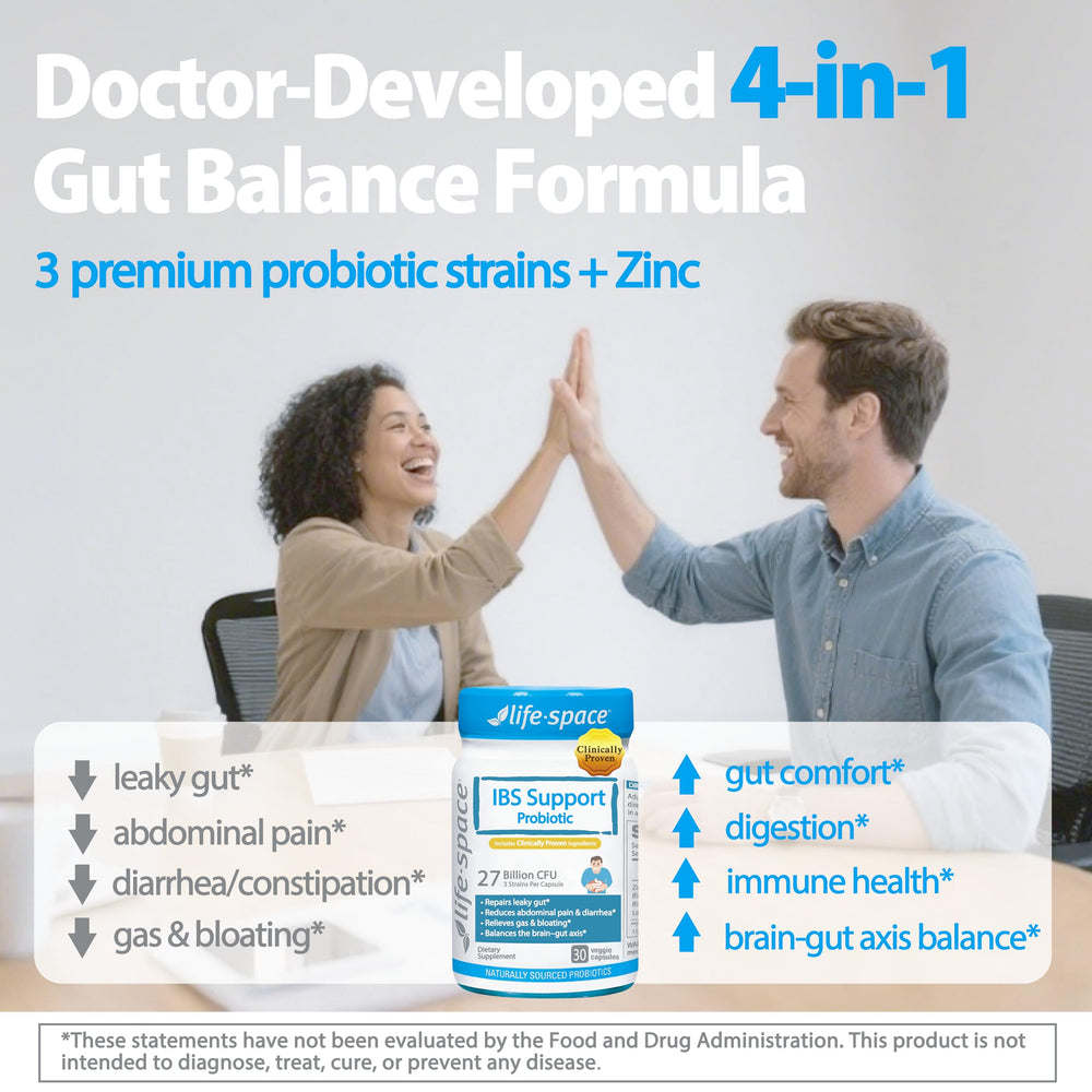 Life-Space IBS Support probiotic label closeup showing strain details and zinc.