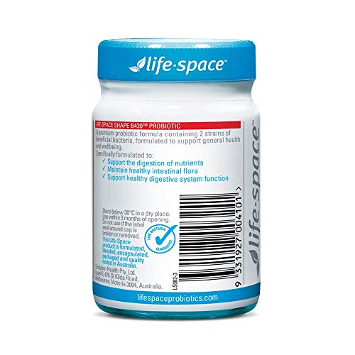 Life-Space Shape B420 bottle front shows label with dairy-free probiotic benefits