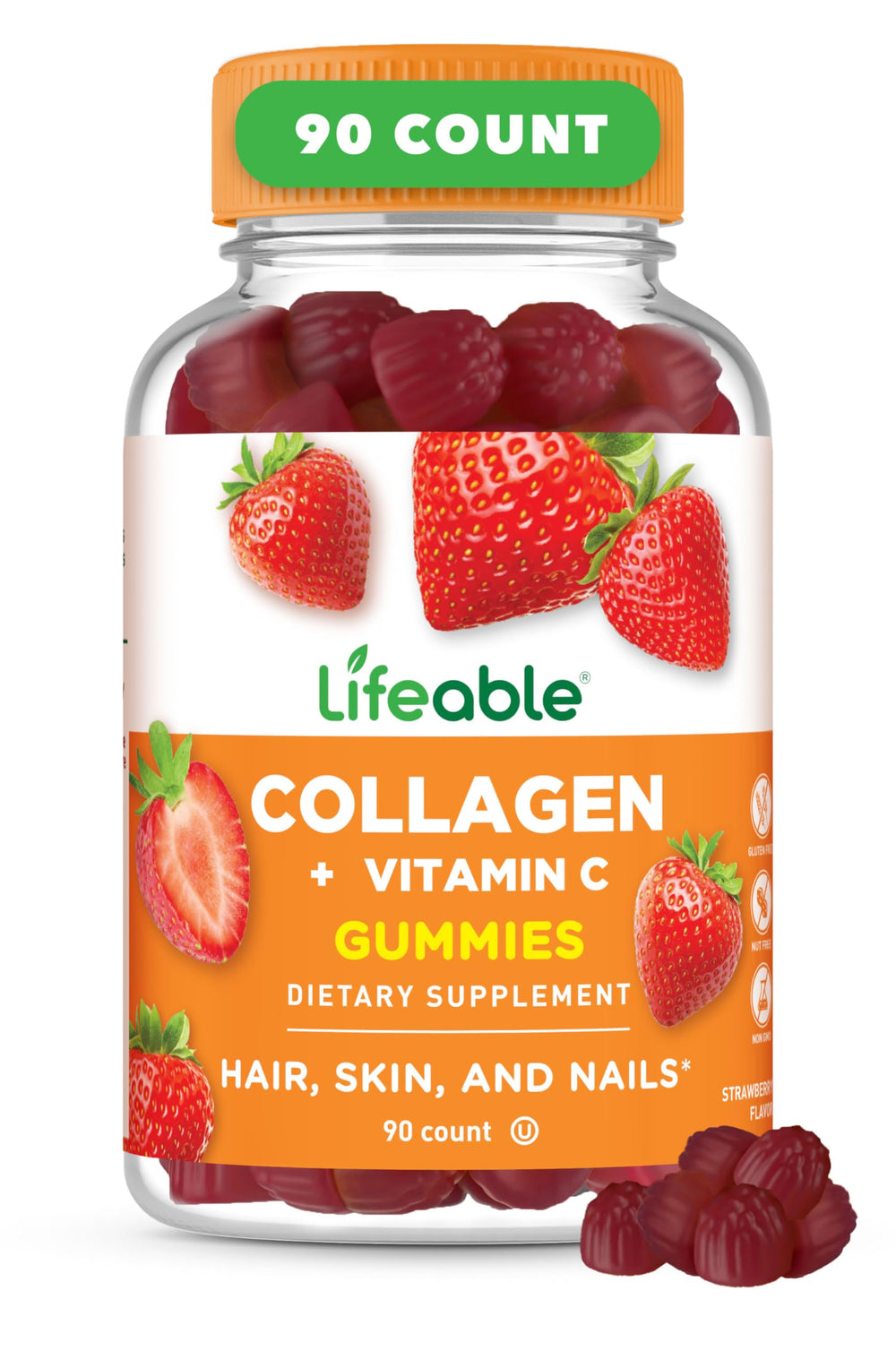 Lifeable Collagen Peptides Gummies strawberry bottle for daily hair, skin, and nails support.