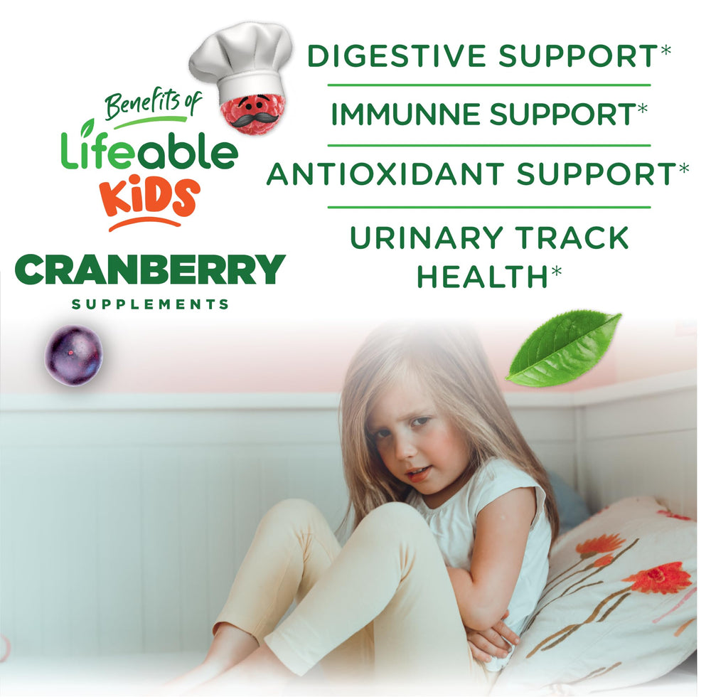 Lifeable Cranberry Gummies serving size shows two gummies per serving for kids