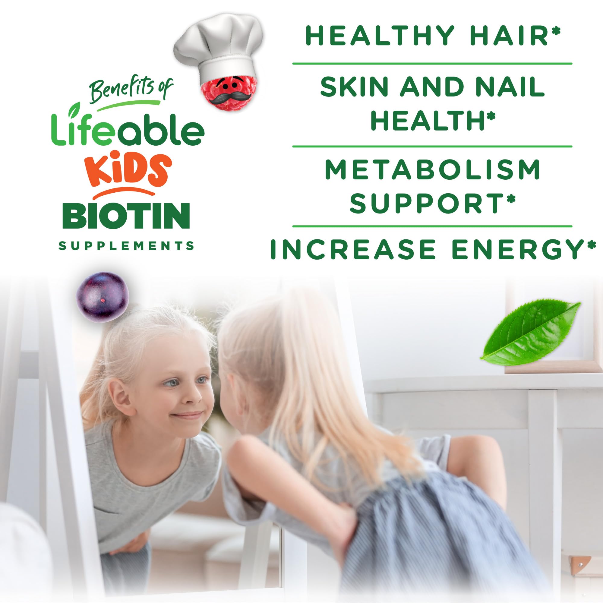 Lifeable Kids Biotin Gummies kid chewing to support hair and nails.