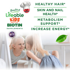 Lifeable Kids Biotin Gummies kid chewing to support hair and nails.