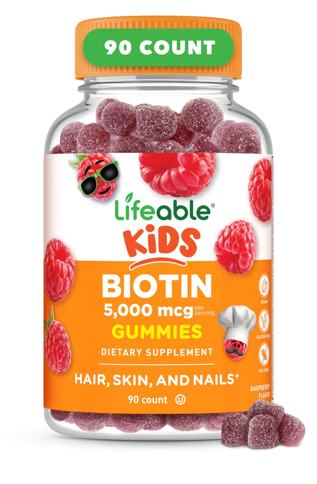 Lifeable Kids Biotin Gummies raspberry bottle for daily hair, skin and nails support.