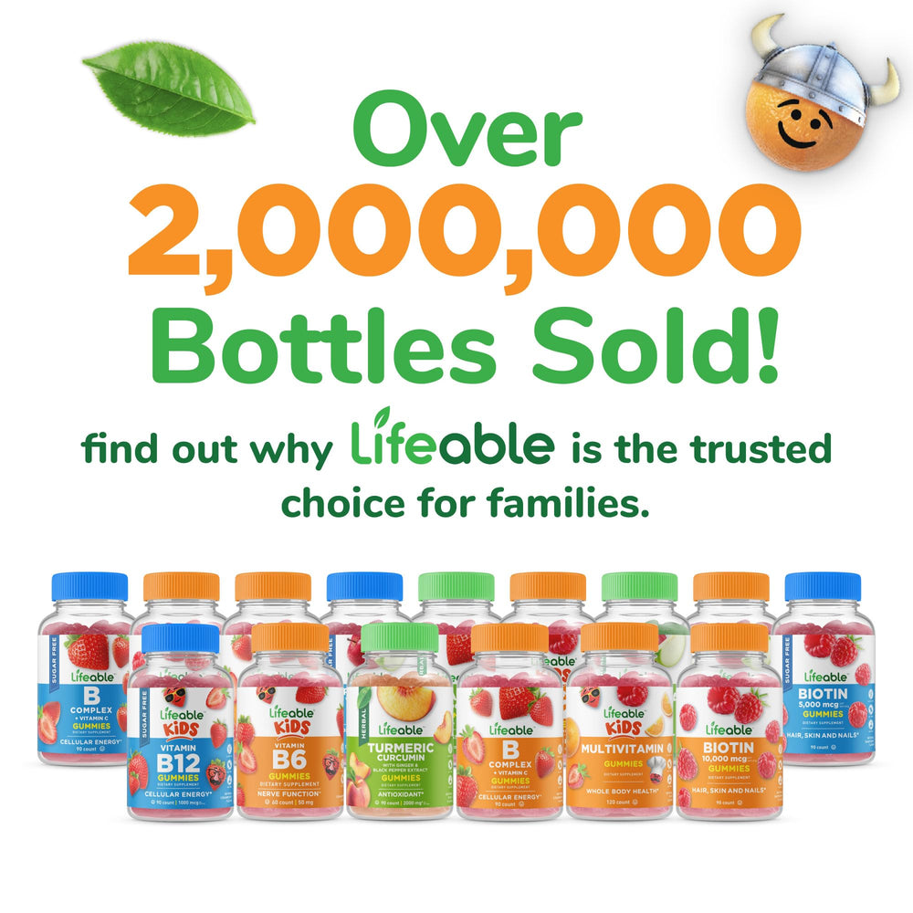 Non-GMO, gluten-free, dairy-free Lifeable gummies suitable for nut-free diets.
