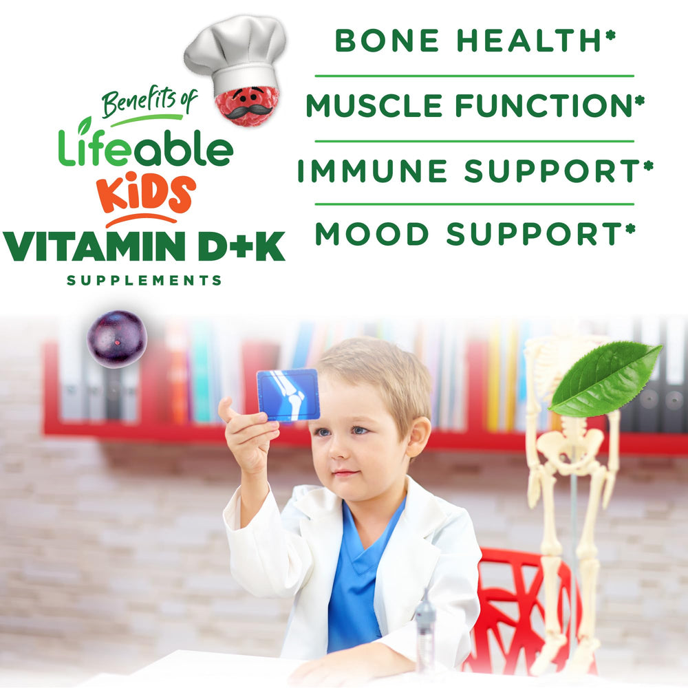 Lifeable Kids D3 K2 Gummies closeup shows chewy texture and strawberry flavor.