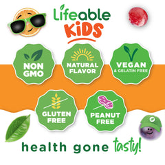 Lifeable Kids D3 K2 Gummies ingredient panel highlights vegetarian formula.
