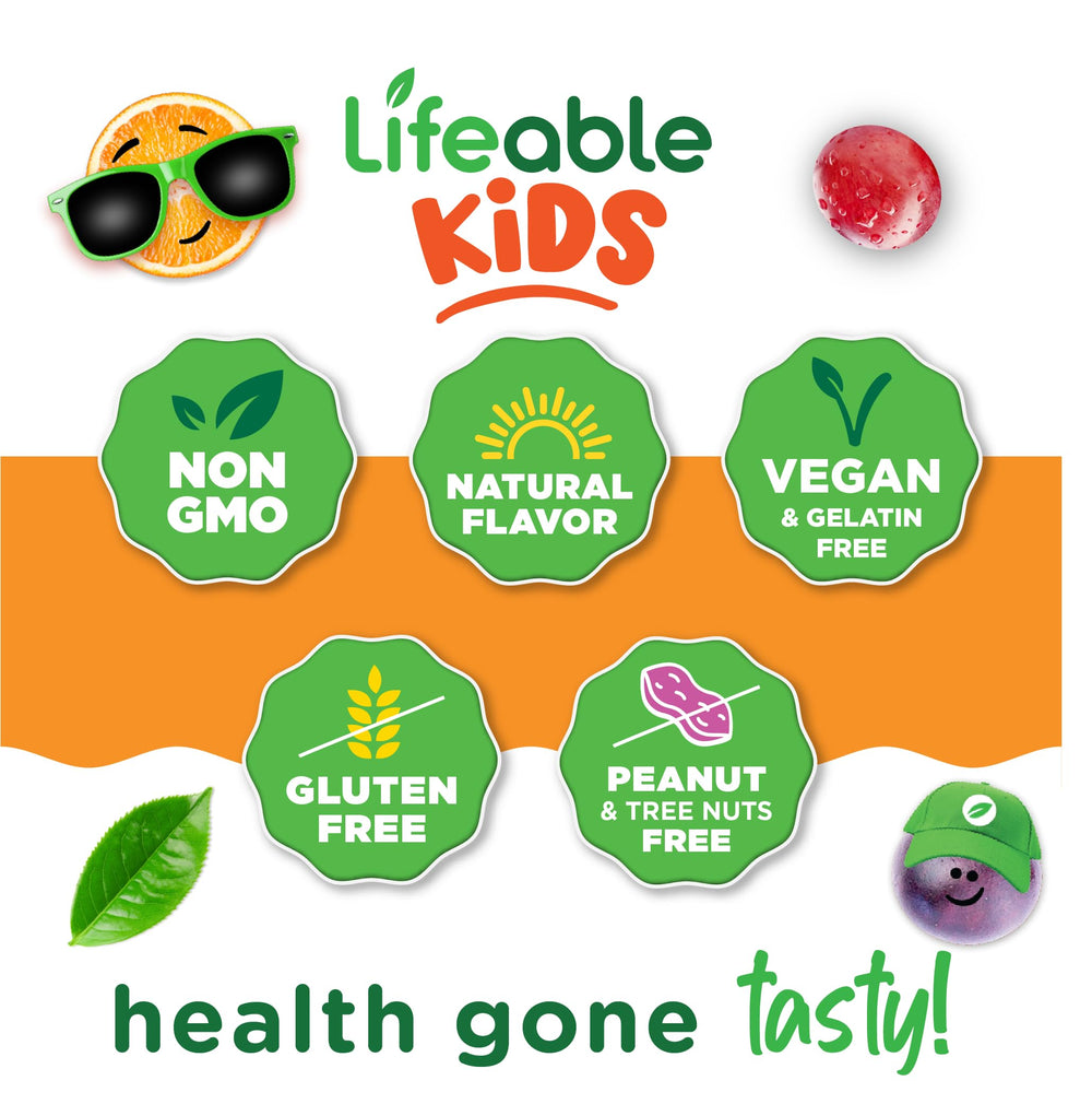 Lifeable Kids Omega 3 Gummies orange-lemon flavor close-up appealing to kids.