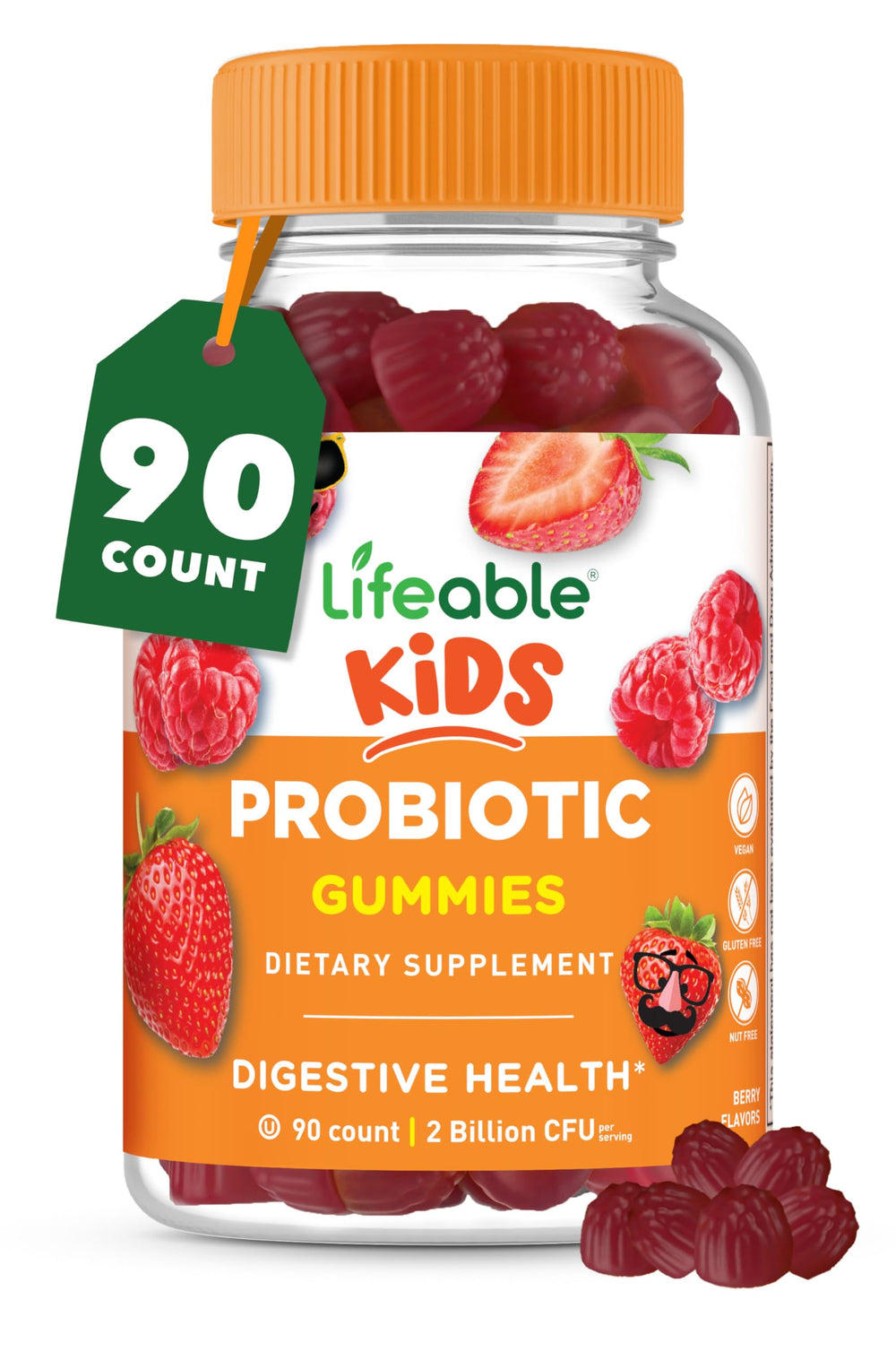 Lifeable Kids Probiotics Gummies bottle highlighting raspberry flavor and daily dose.