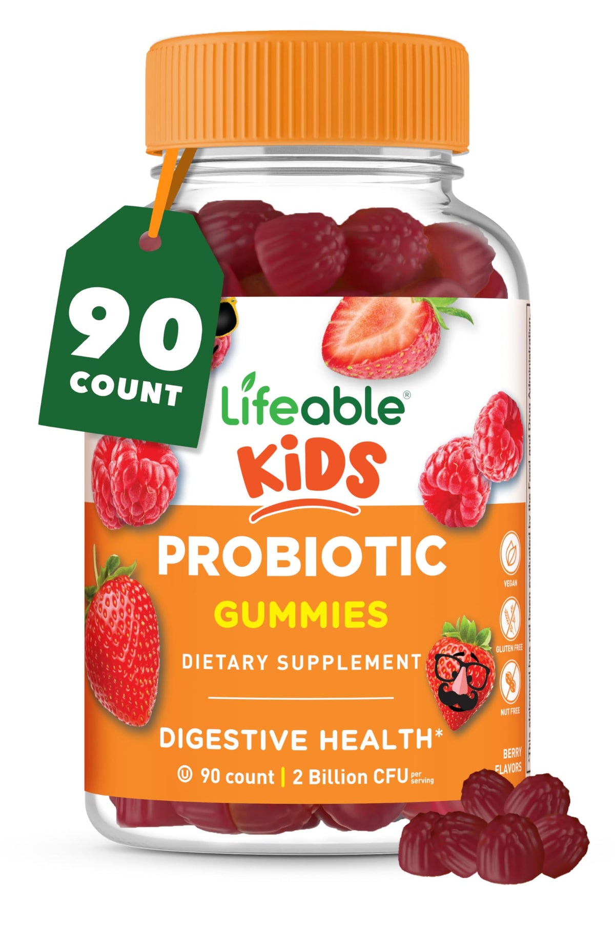 Lifeable Kids Probiotics Gummies bottle highlighting raspberry flavor and daily dose.