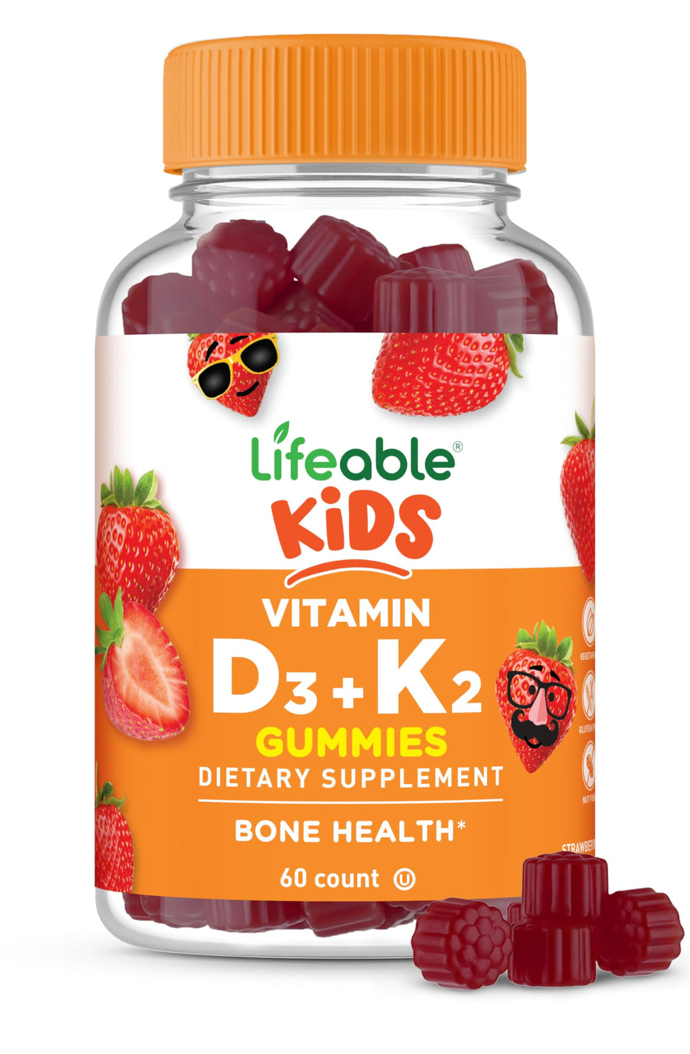 Lifeable Kids D3 K2 Gummies bottle highlights bone support and immune-friendly nutrition.