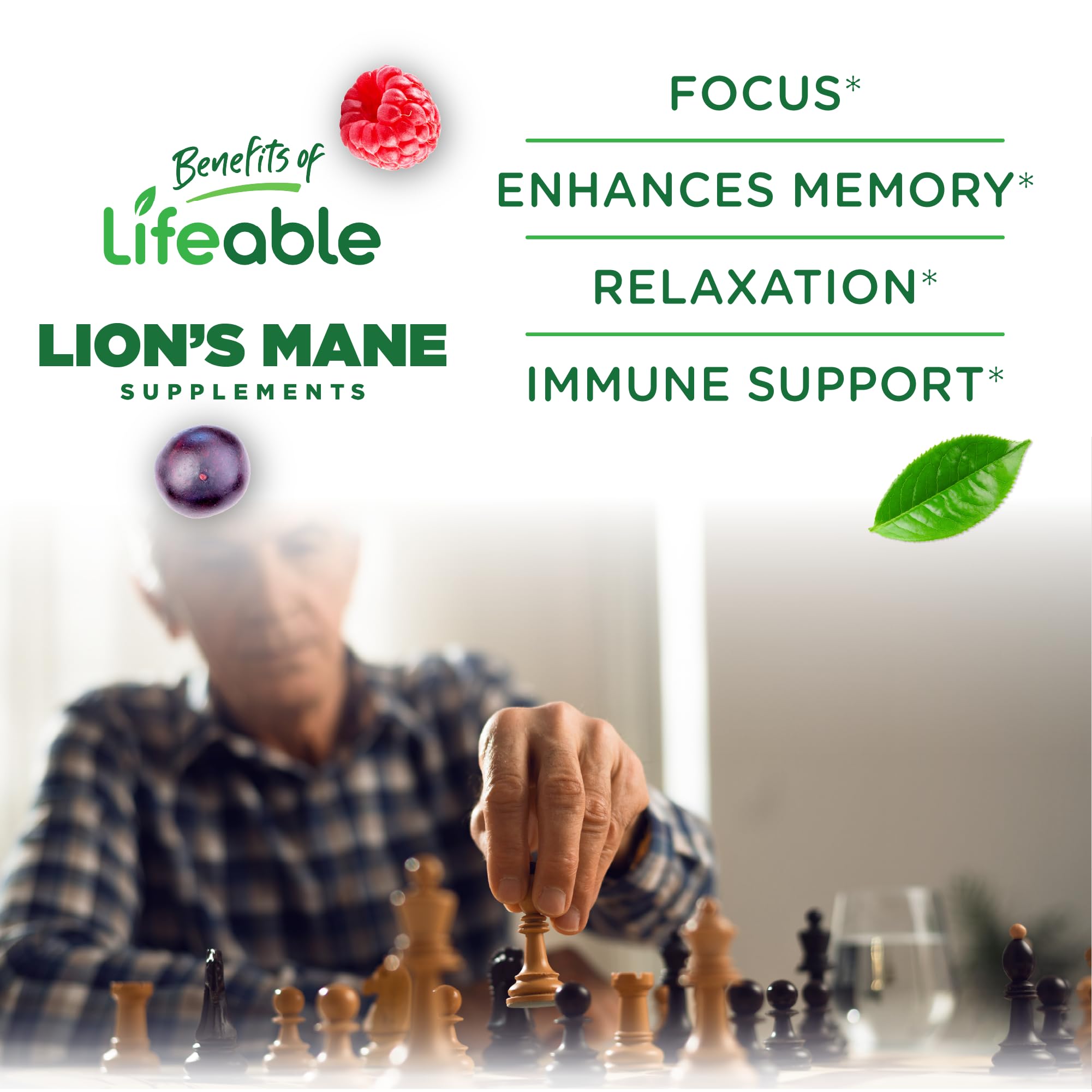 Lifeable Lions Mane Gummies vegan, kosher, non-GMO label emphasizes allergen friendliness.