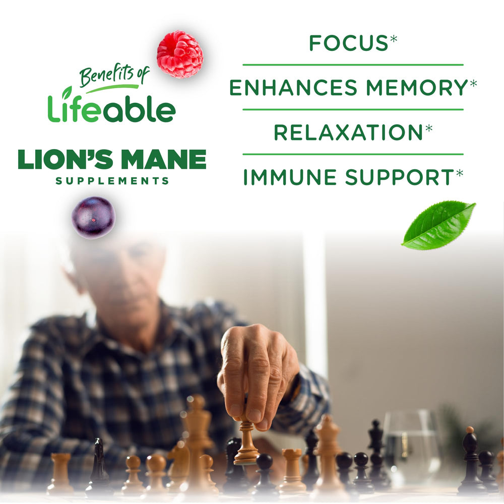 Lifeable Lions Mane Gummies vegan, kosher, non-GMO label emphasizes allergen friendliness.