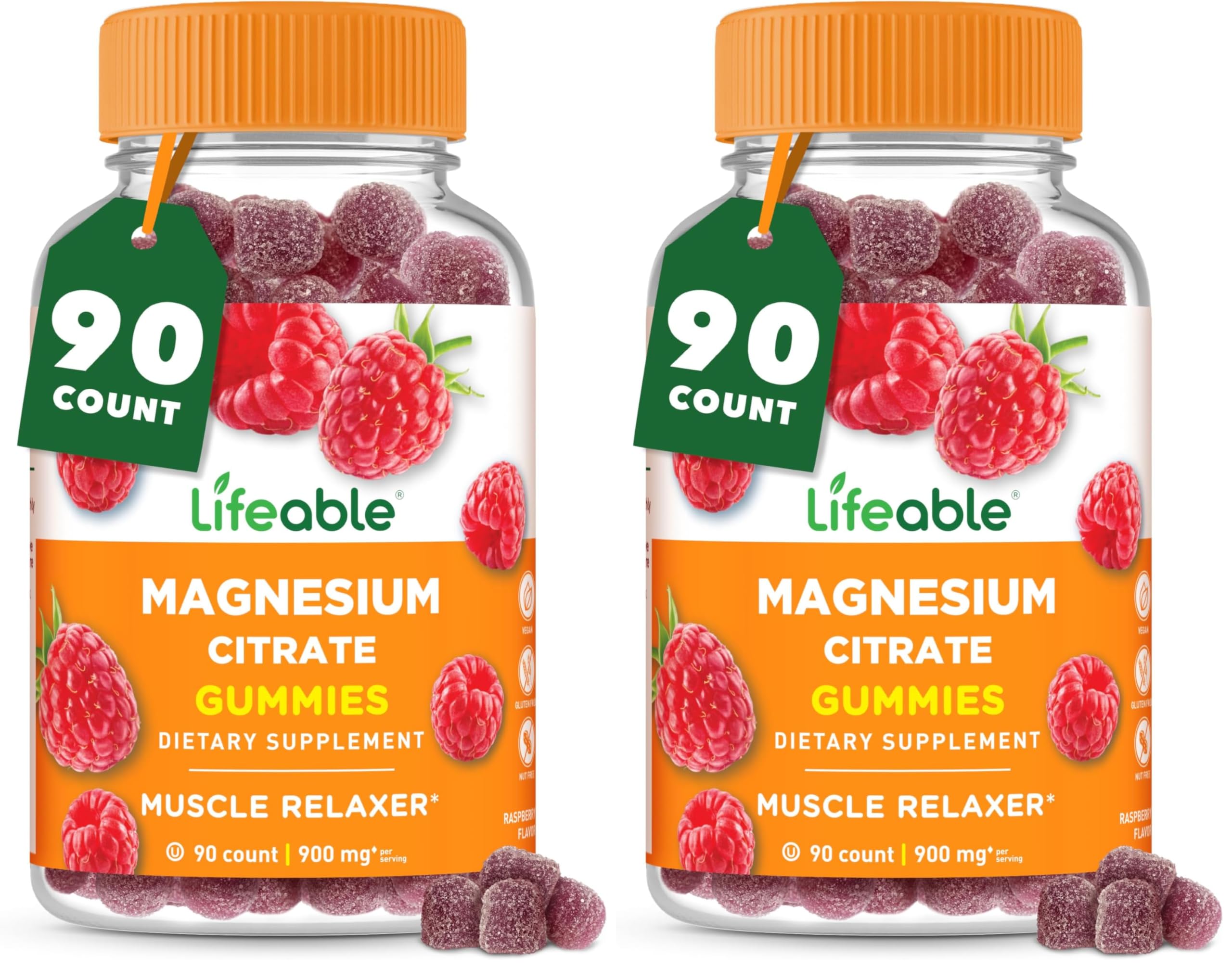Lifeable Magnesium Gummies bottle front shows vegan raspberry flavor for daily wellness