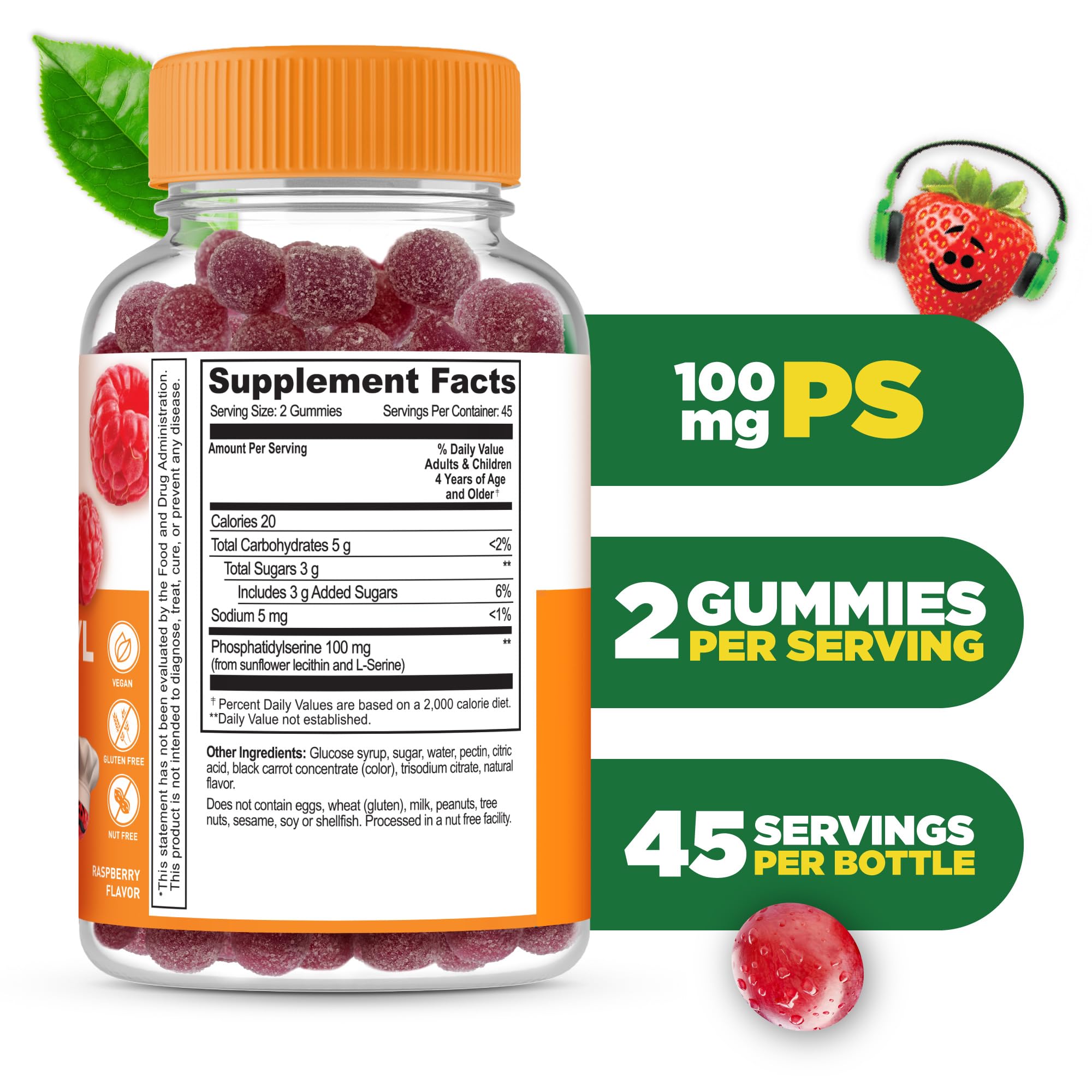 Lifeable PS100 Kids bottle front shows 90 gummies and raspberry flavor
