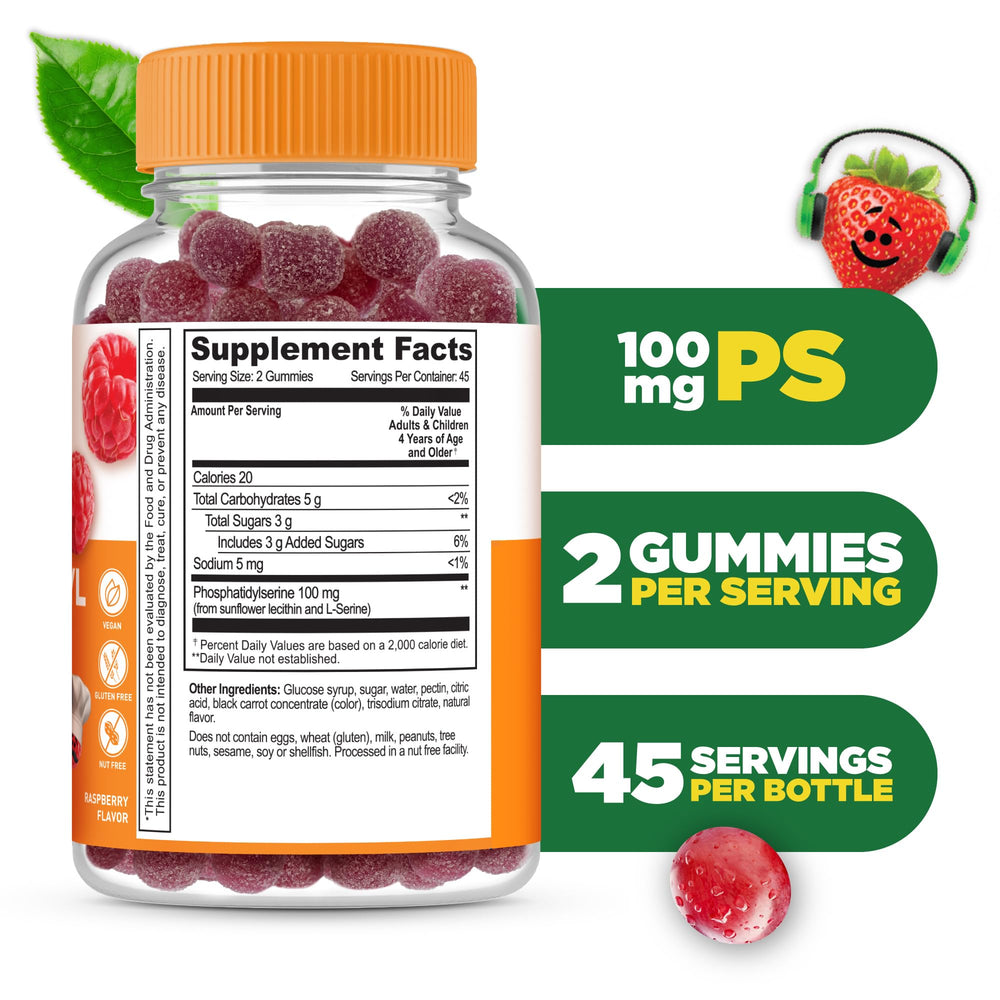 Lifeable PS100 Kids bottle front shows 90 gummies and raspberry flavor