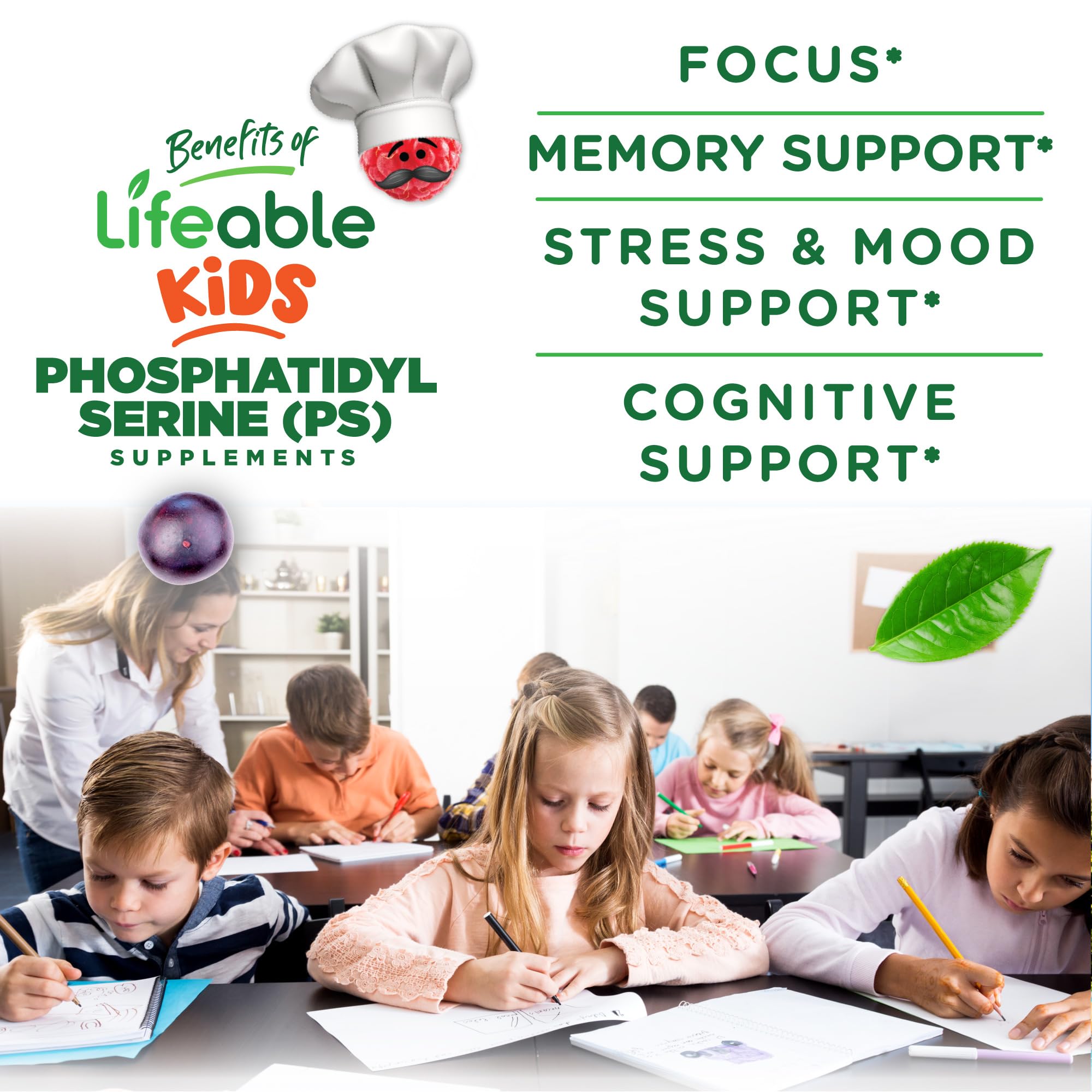 Lifeable PS100 Kids bottle label highlights 100 mg per serving