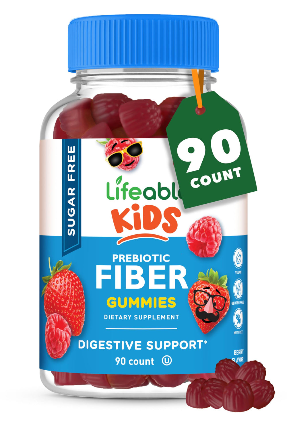 Lifeable sugar-free prebiotic kids fiber gummies bottle promotes digestive balance.