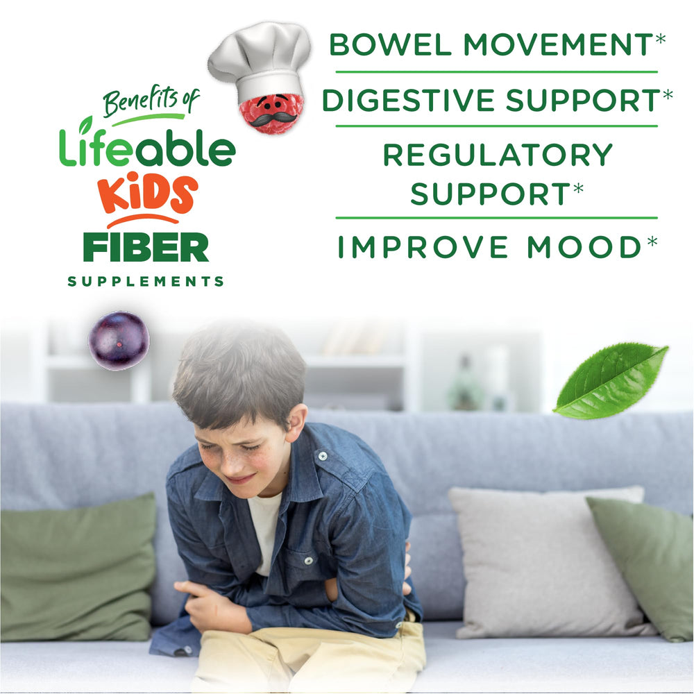 Lifeable kids fiber gummies nutrition panel shows 4 g fiber per serving.