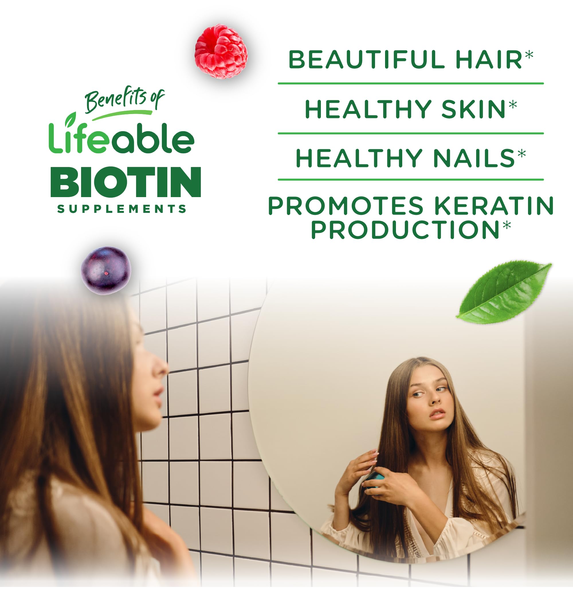 Lifeable Teens Biotin gummies closeup shows vibrant color and natural flavor.