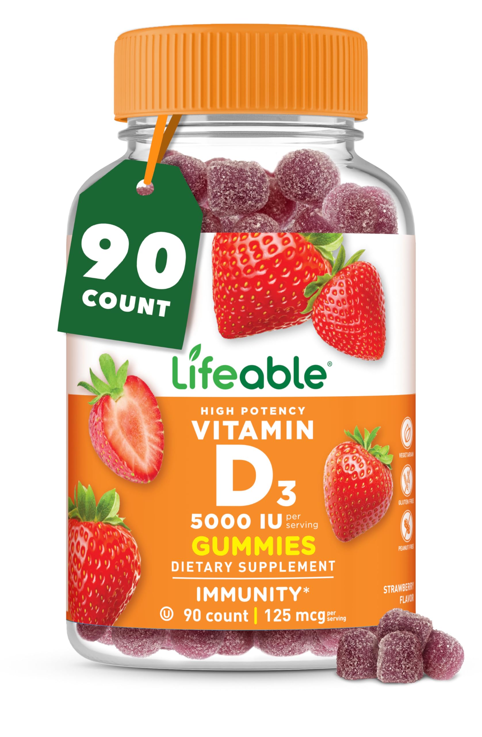 Lifeable Vitamin D Gummies 5000 IU bottle with 90 gummies for bone health and immune support.