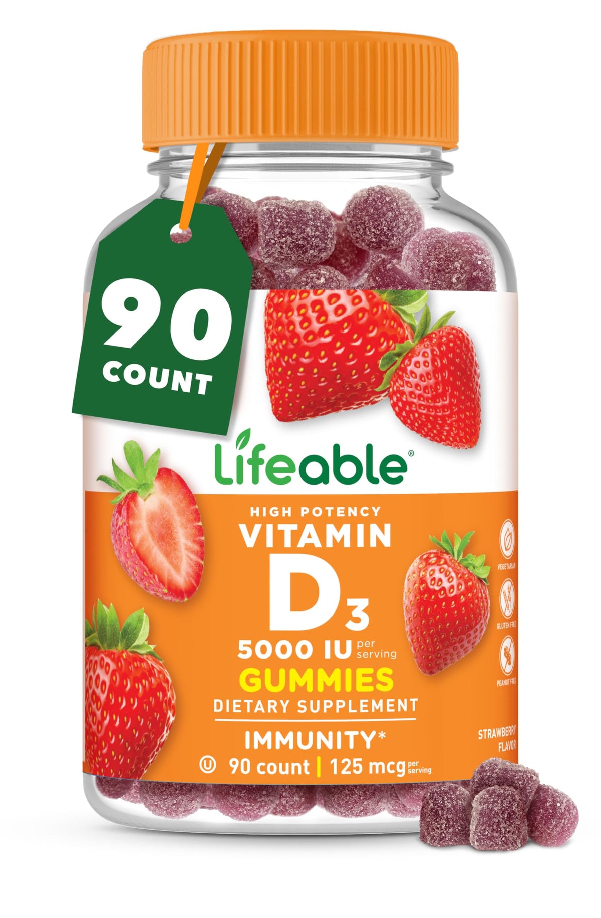 Lifeable Vitamin D Gummies 5000 IU bottle with 90 gummies for bone health and immune support.