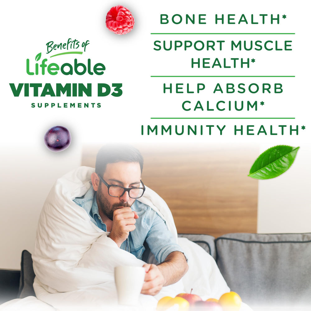 Lifeable Vitamin D Gummies two per serving, providing 10,000 IU daily for routine use.